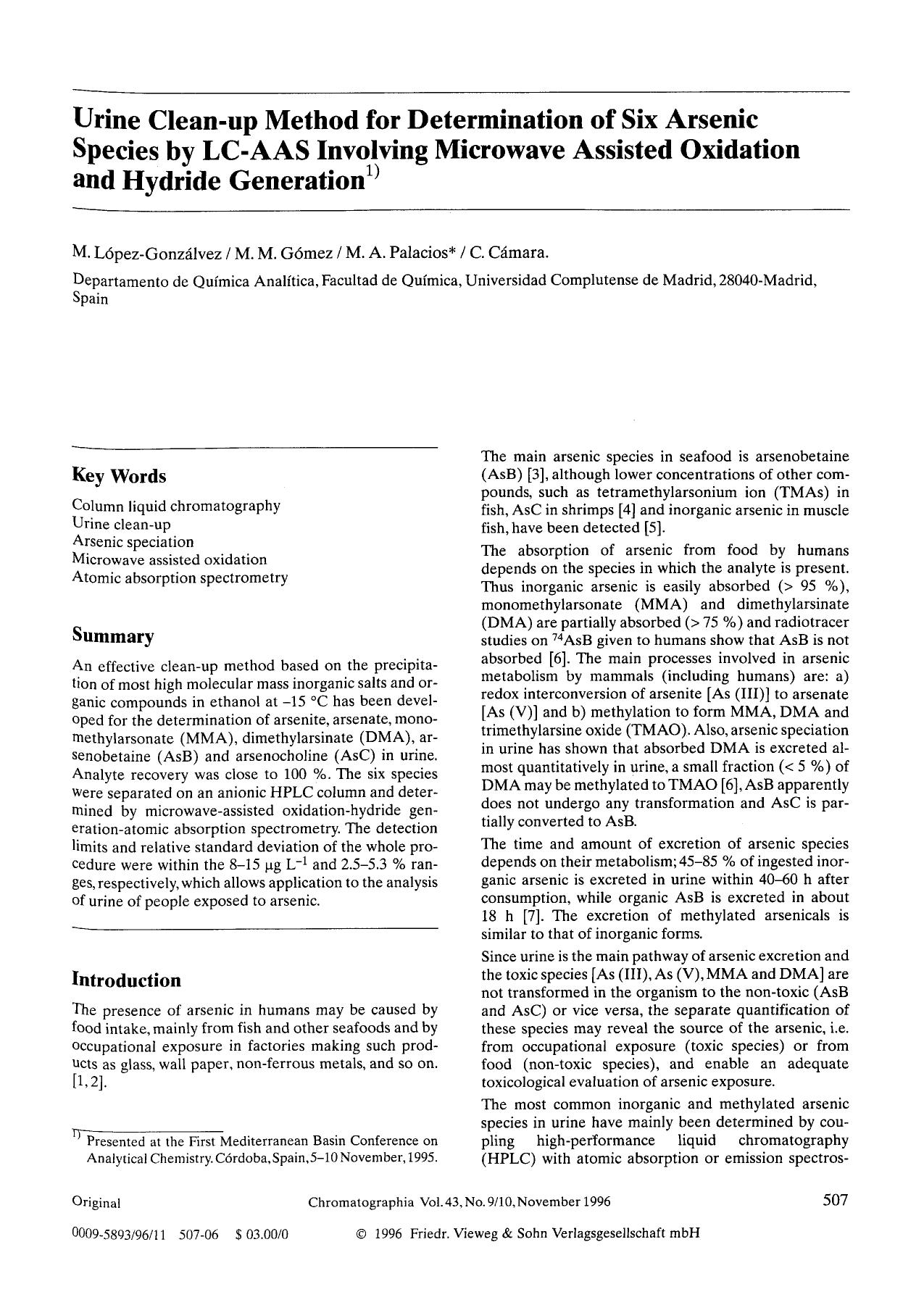 Urine clean-up method for determination of six arsenic species by LC-AAS involving microwave assisted oxidation and hydride generation by Unknown