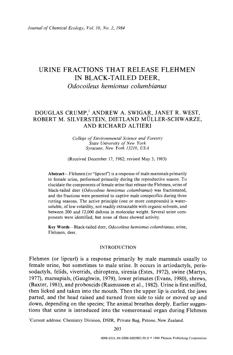 Urine fractions that release flehmen in black-tailed deer, <Emphasis Type="Italic">Odocoileus hemionus columbianus <Emphasis> by Unknown