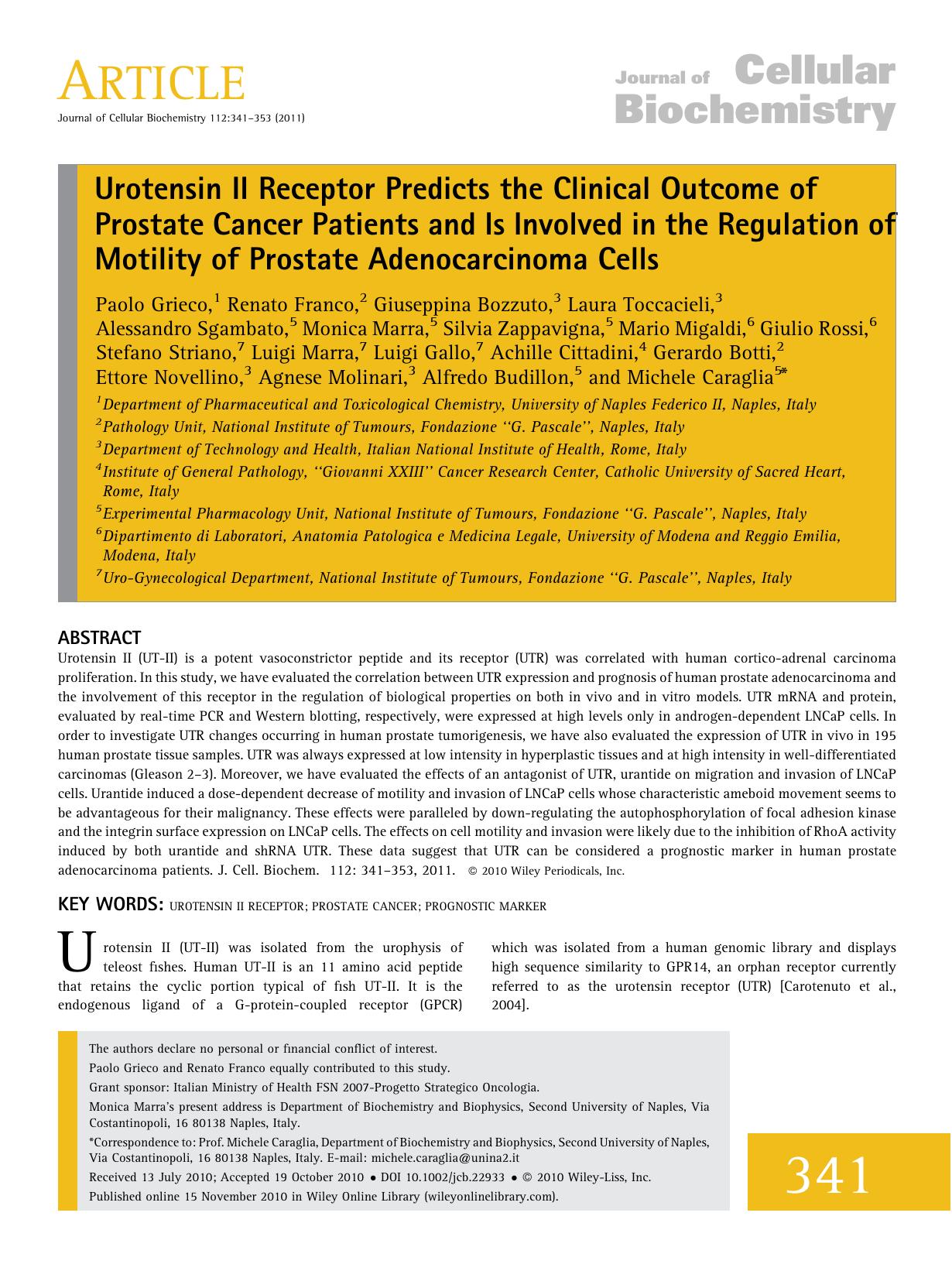 Urotensin II receptor predicts the clinical outcome of prostate cancer patients and is involved in the regulation of motility of prostate adenocarcinoma cells by Unknown