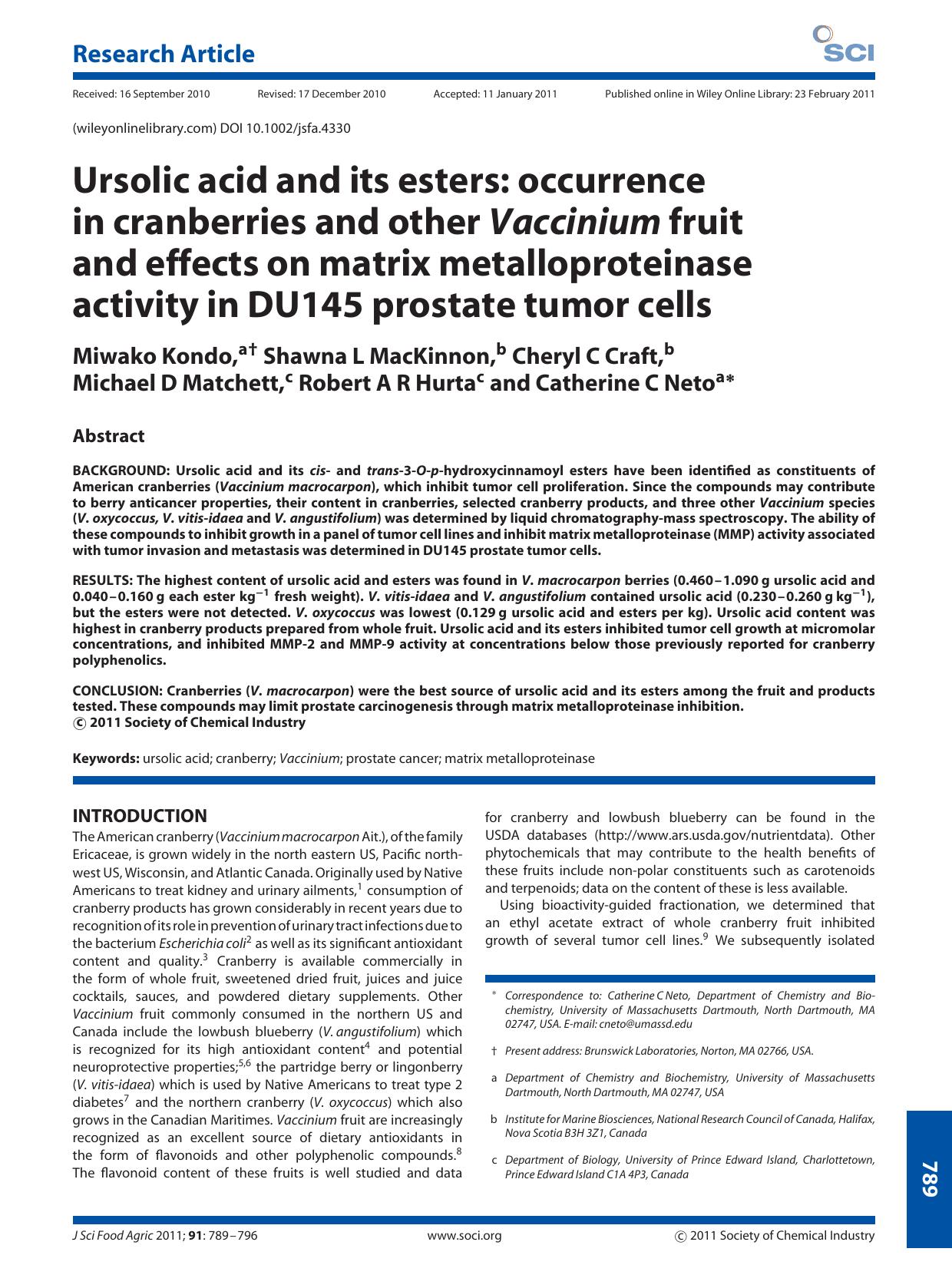 Ursolic acid and its esters: occurrence in cranberries and other Vaccinium fruit and effects on matrix metalloproteinase activity in DU145 prostate tumor cells by Unknown