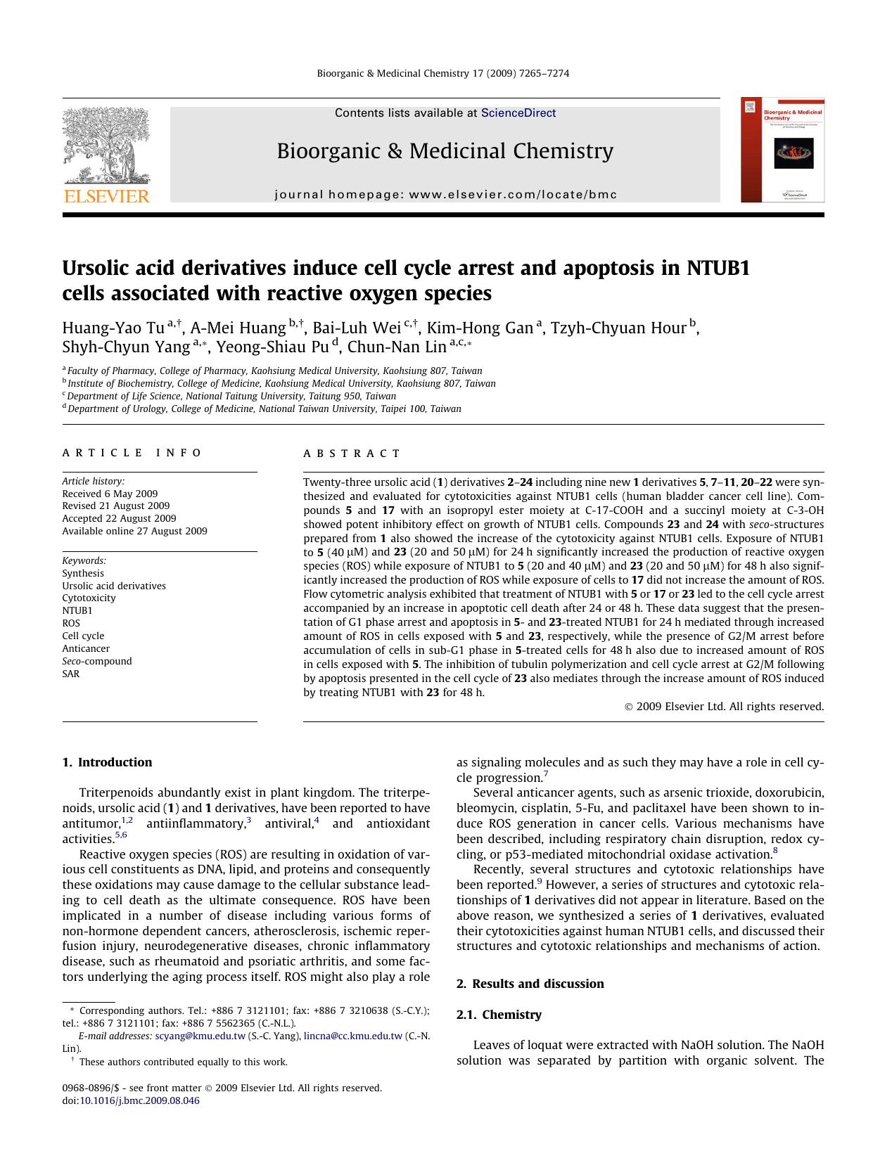 Ursolic acid derivatives induce cell cycle arrest and apoptosis in NTUB1 cells associated with reactive oxygen species by unknow