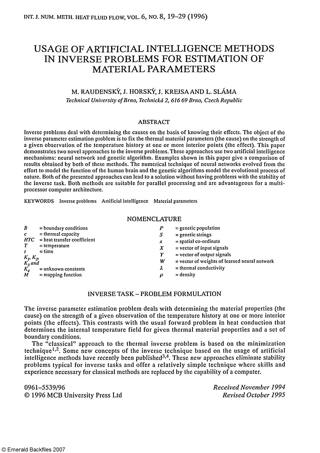 Usage of Artificial Intelligence Methods in Inverse Problems for Estimation of Material Parameters by M. Raudenský & J. Horský & J. Krejsa & L. Sláma