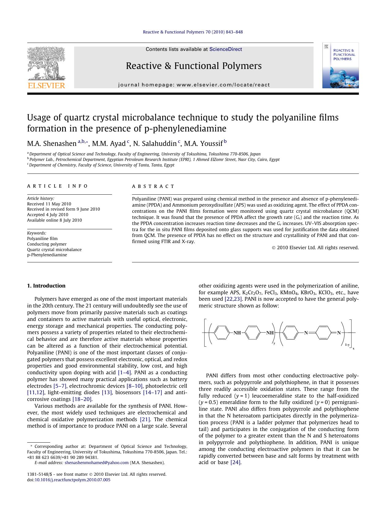 Usage of quartz crystal microbalance technique to study the polyaniline films formation in the presence of p-phenylenediamine by M.A. Shenashen & M.M. Ayad & N. Salahuddin & M.A. Youssif