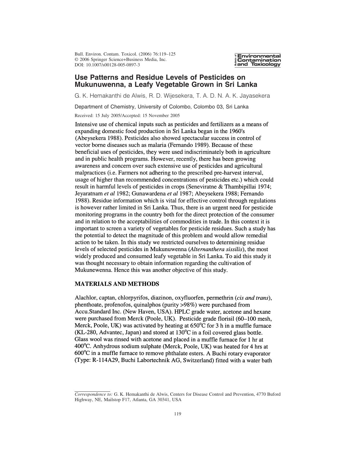 Use Patterns and Residue Levels of Pesticides on Mukunuwenna, a Leafy Vegetable Grown in Sri Lanka by Hemakanthi de Alwis & G. K. et al