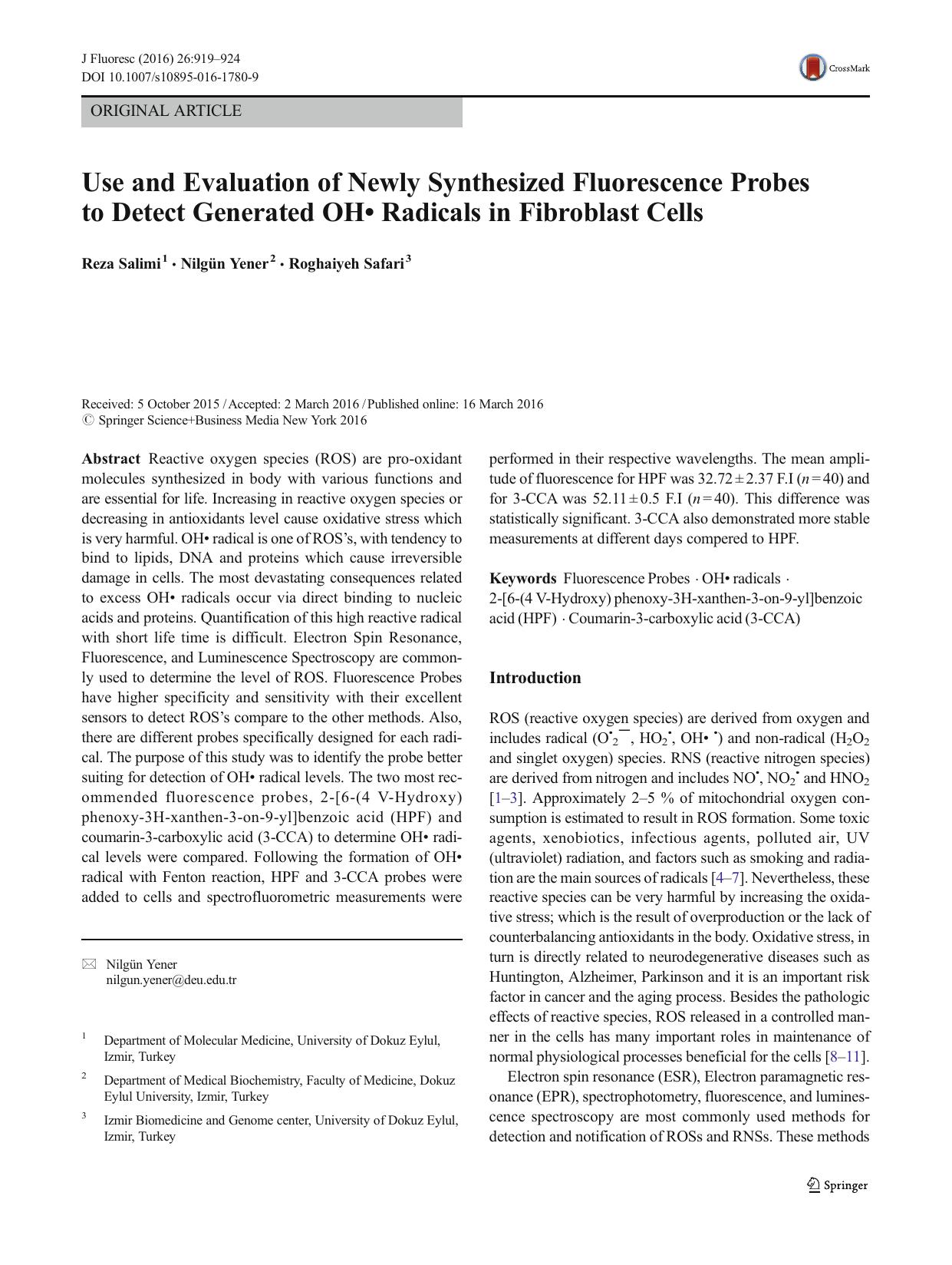 Use and Evaluation of Newly Synthesized Fluorescence Probes to Detect Generated OHâ¢ Radicals in Fibroblast Cells by Reza Salimi & Nilgün Yener & Roghaiyeh Safari