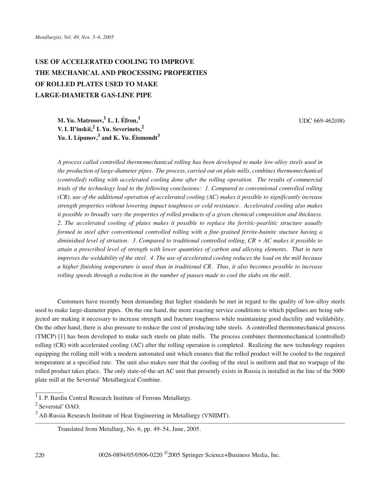 Use of Accelerated Cooling to Improve the Mechanical and Processing Properties of Rolled Plates Used to Make Large-Diameter Gas-Line Pipe by Unknown