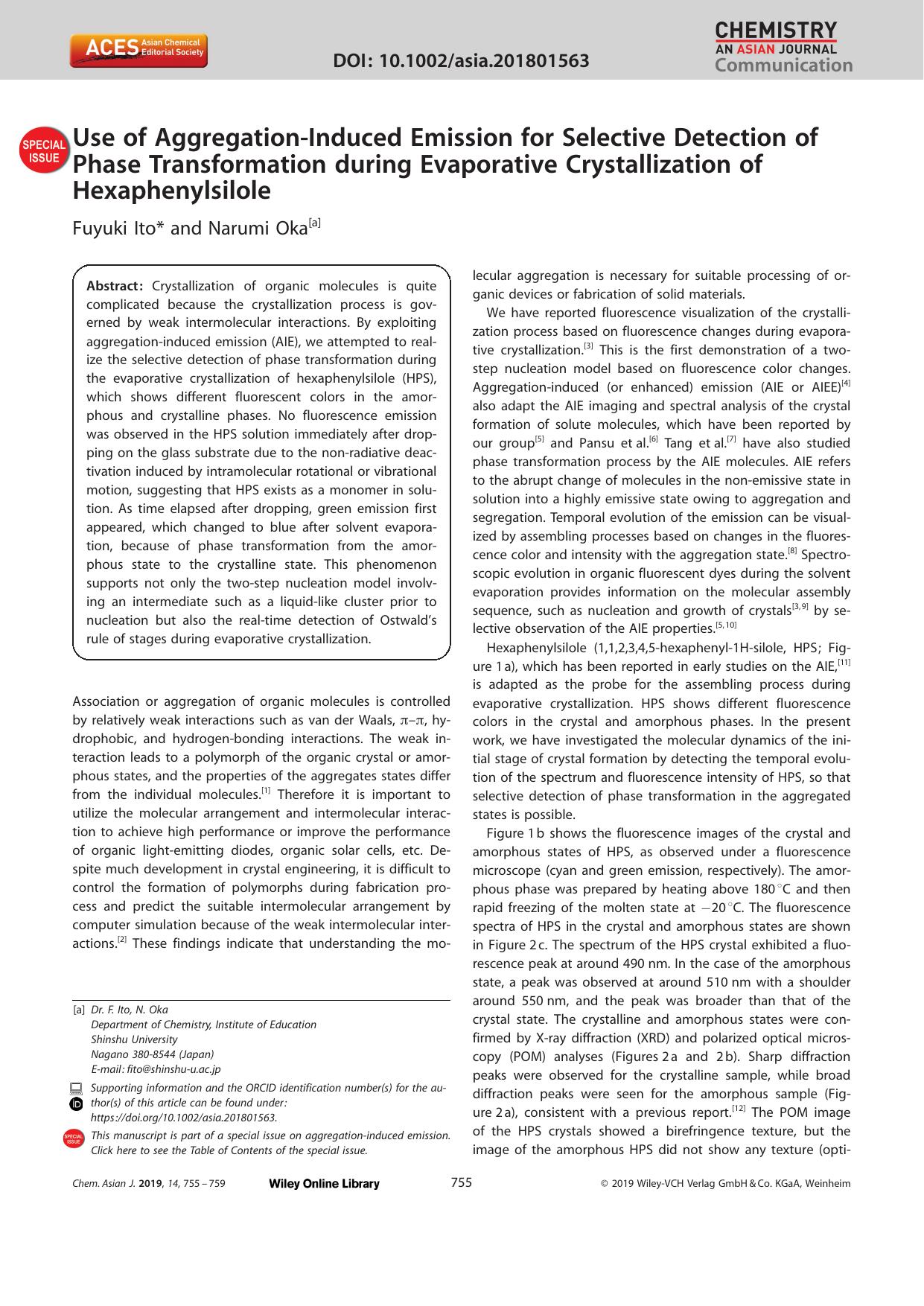 Use of AggregationâInduced Emission for Selective Detection of Phase Transformation during Evaporative Crystallization of Hexaphenylsilole by Unknown