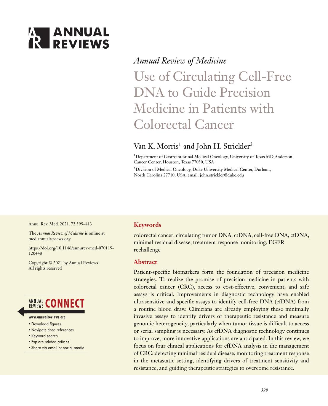 Use of Circulating Cell-Free DNA to Guide Precision Medicine in Patients with Colorectal Cancer by Van K. Morris and John H. Strickler