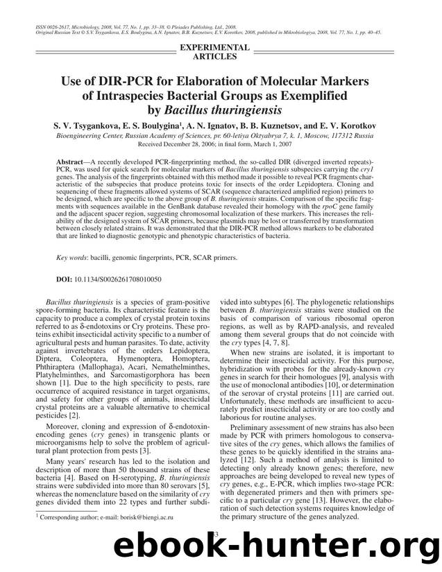 Use of DIR-PCR for elaboration of molecular markers of intraspecies bacterial groups as exemplified by <Emphasis Type="Italic">Bacillus thuringiensis<Emphasis> by Unknown