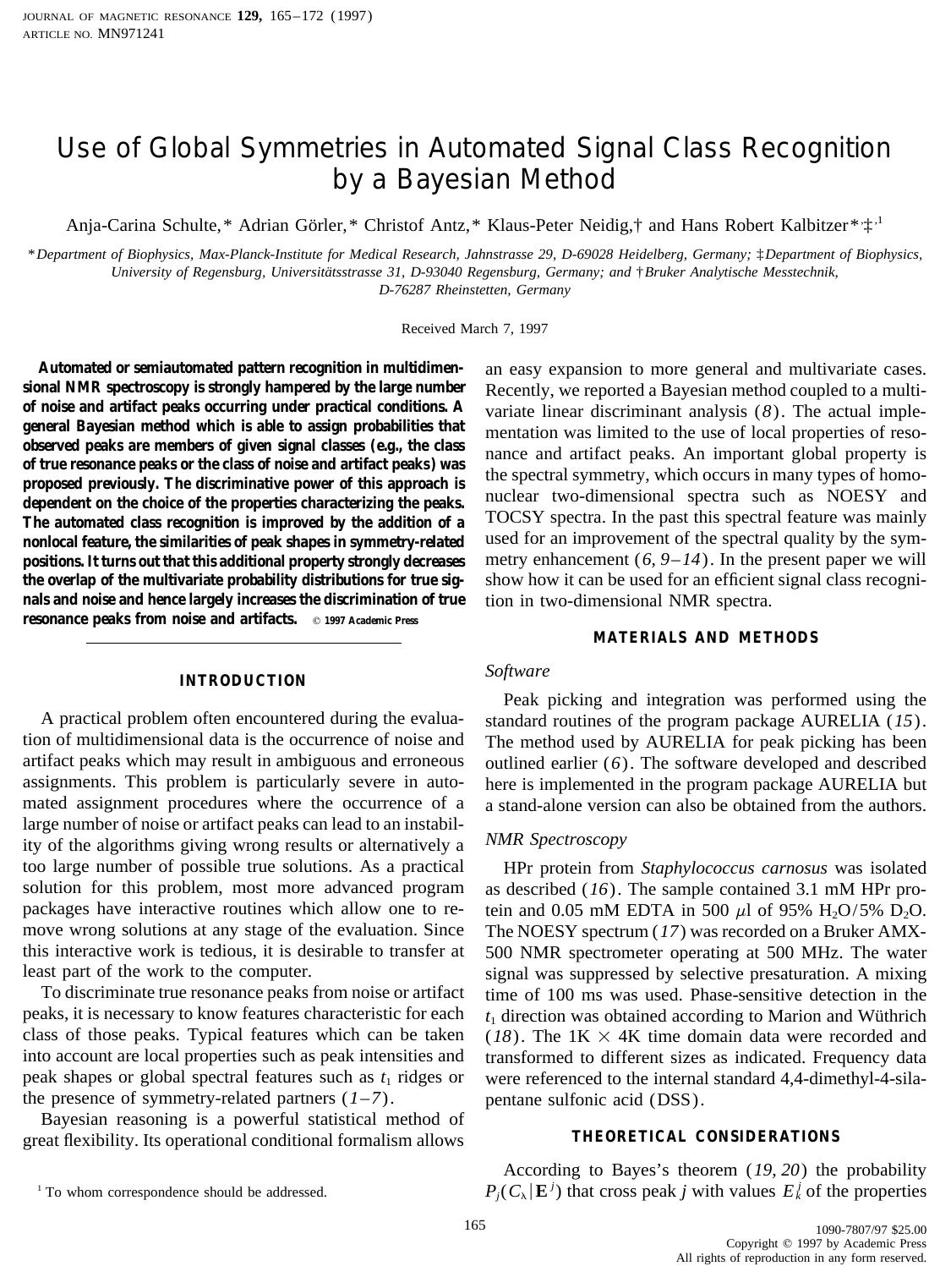 Use of Global Symmetries in Automated Signal Class Recognition by a Bayesian Method by Schulte A.-C. et al