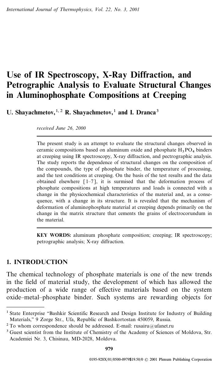 Use of IR Spectroscopy, X-Ray Diffraction, and Petrographic Analysis to Evaluate Structural Changes in Aluminophosphate Compositions at Creeping by Unknown
