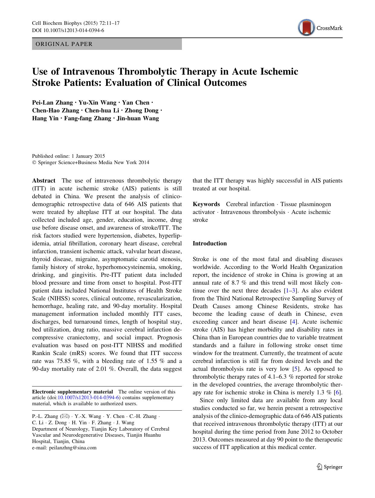 Use of Intravenous Thrombolytic Therapy in Acute Ischemic Stroke Patients: Evaluation of Clinical Outcomes by unknow