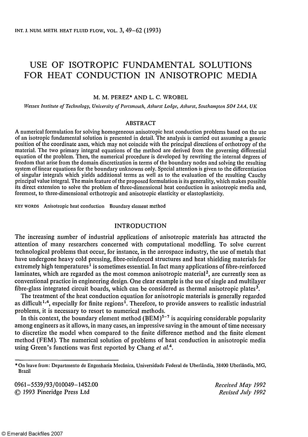 Use of Isotropic Fundamental Solutions for Heat Conduction in Anisotropic Media by M. M. Perez & L. C. Wrobel