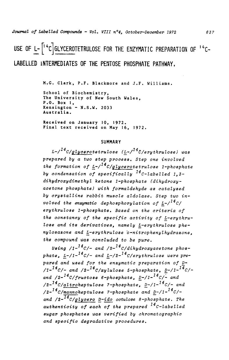 Use of L- [14C]glycerotetrulose for the enzymatic preparation of 14C- labelled intermediates of the pentose phosphate pathway by Unknown