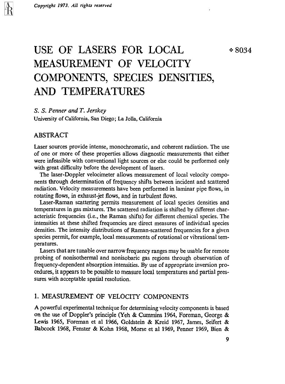 Use of Lasers for Local Measurement of Velocity Components, Species Densities, and Temperatures by S S Penner and T Jerskey