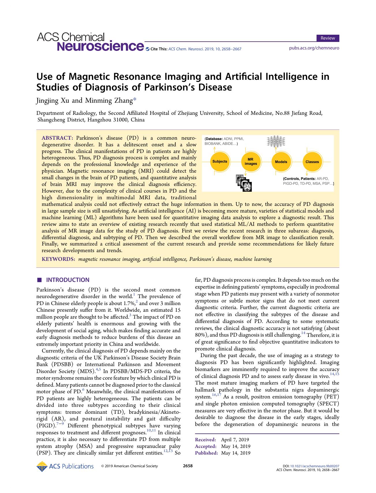 Use of Magnetic Resonance Imaging and Artificial Intelligence in Studies of Diagnosis of Parkinsonâs Disease by Jingjing Xu and Minming Zhang