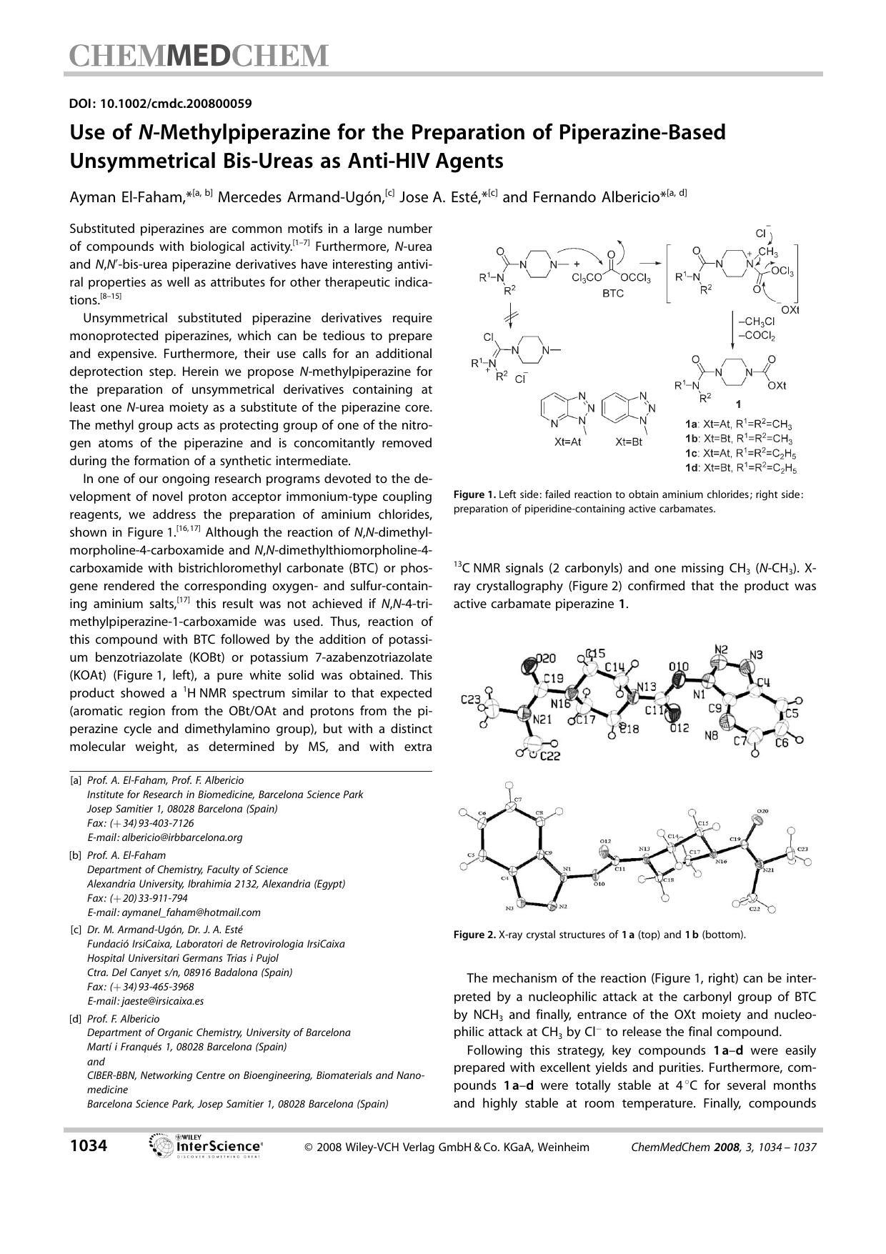 Use of N-Methylpiperazine for the Preparation of Piperazine-Based Unsymmetrical Bis-Ureas as Anti-HIV Agents by Unknown