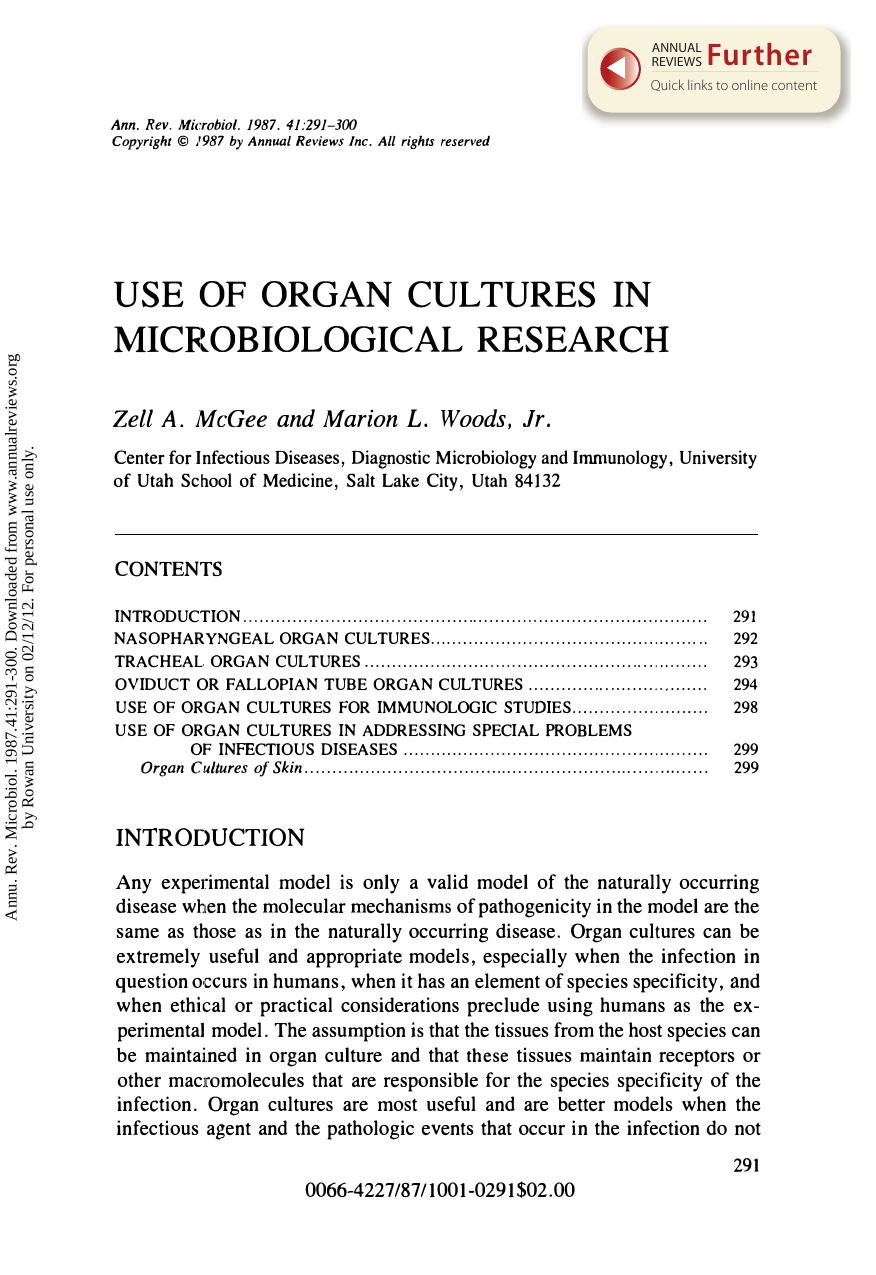Use of Organ Cultures in Microbiological Research by Z A McGee & M L Woods Jr