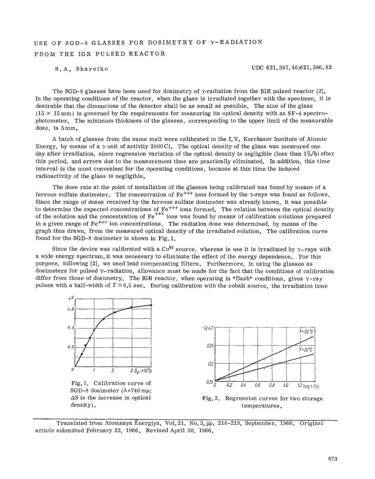 Use of SGD-8 glasses for dosimetry of γ-radiation from the IGR pulsed reactor by Unknown