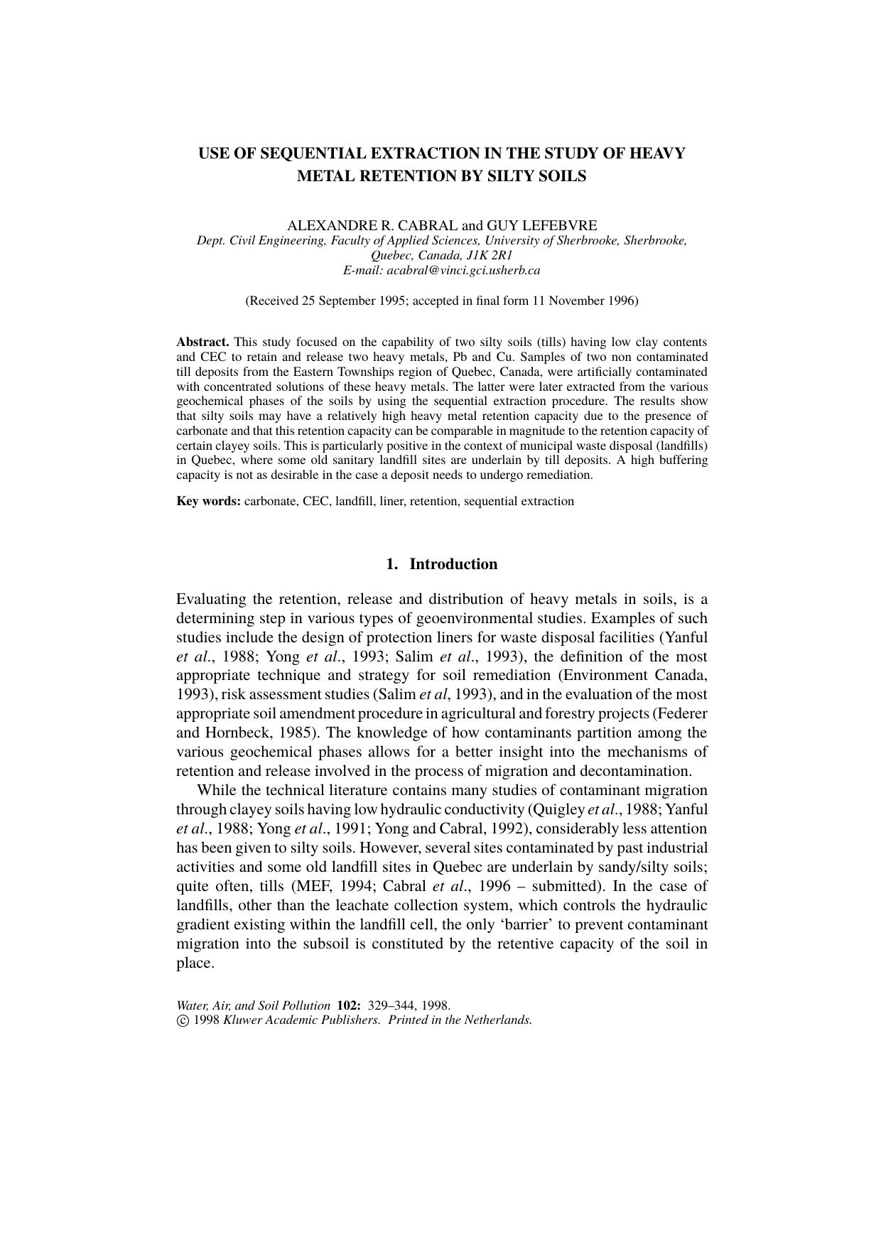 Use of Sequential Extraction in the Study of Heavy Metal Retention by Silty Soils by Unknown