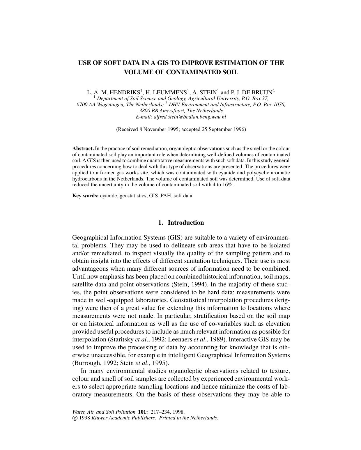 Use of Soft Data in a GIS to Improve Estimation of the Volume of Contaminated Soil by Unknown