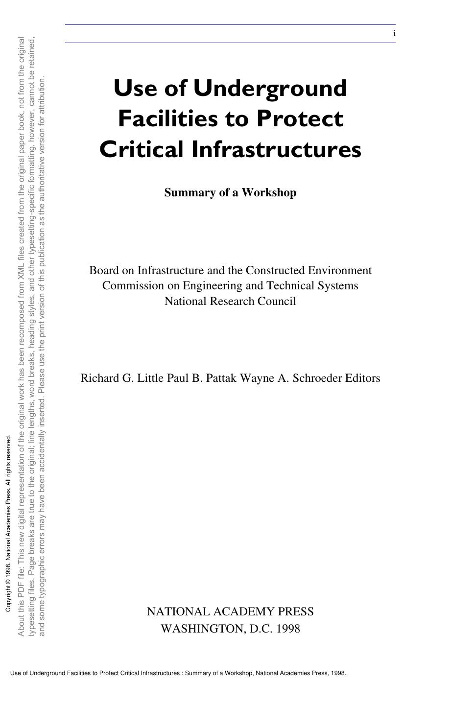 Use of Underground Facilities to Protect Critical Infrastructures : Summary of a Workshop by unknow