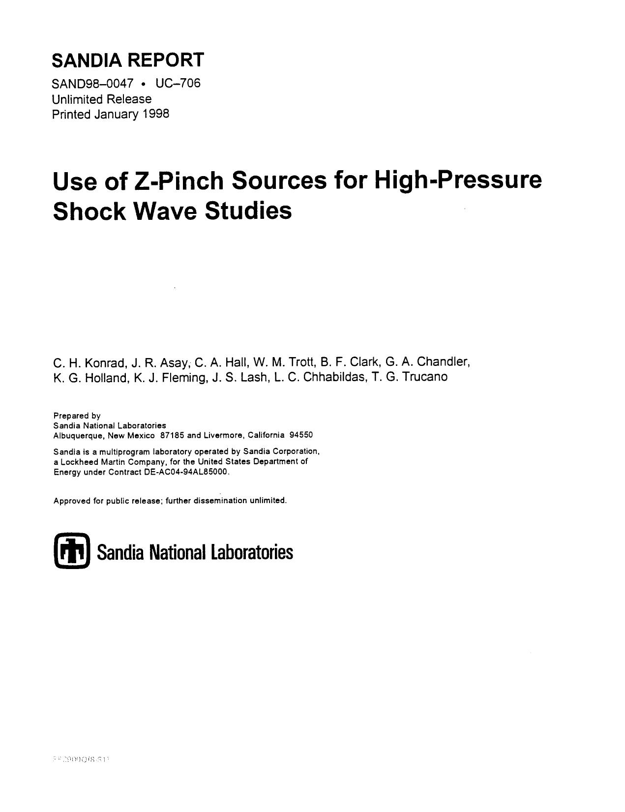 Use of Z-pinch sources for high-pressure shock wave studies SAND-98-0047 by Unknown