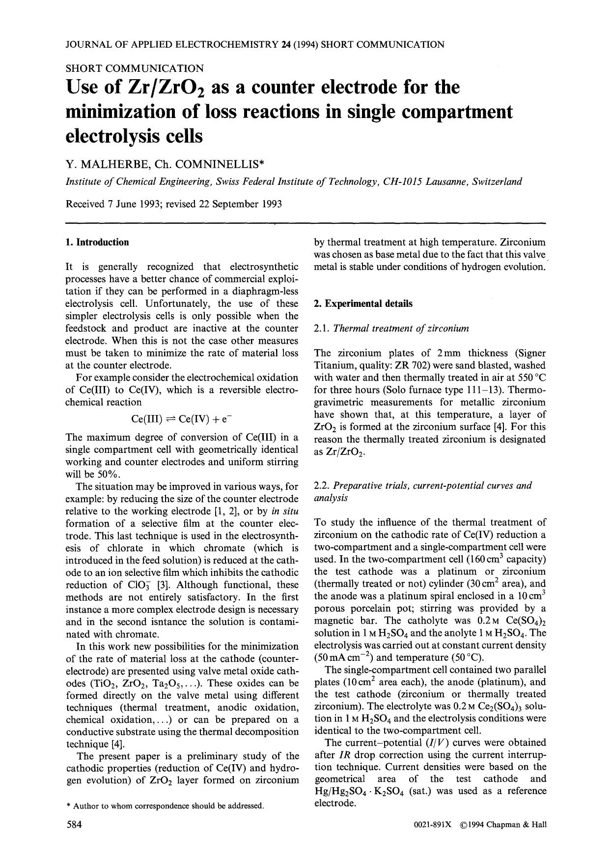 Use of ZrZrO <Subscript>2 <Subscript> as a counter electrode for the minimization of loss reactions in single compartment electrolysis cells by Unknown