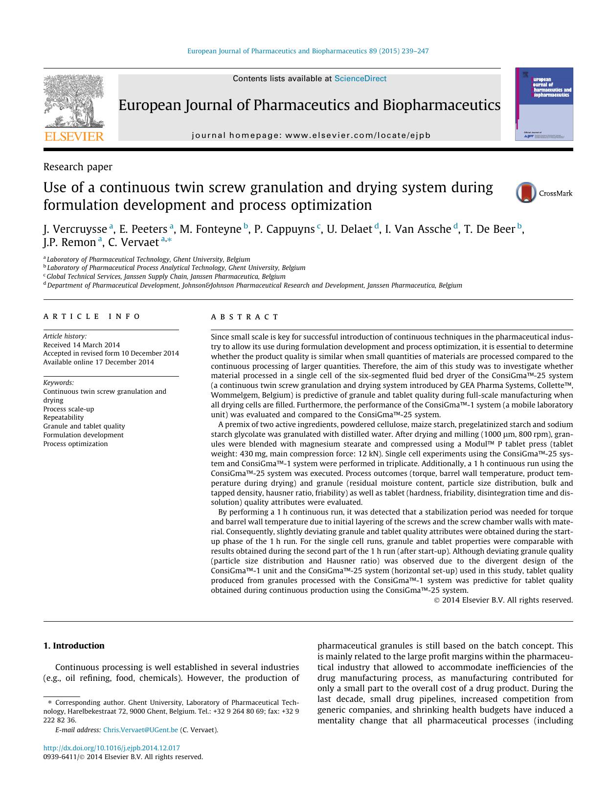 Use of a continuous twin screw granulation and drying system during formulation development and process optimization by unknow