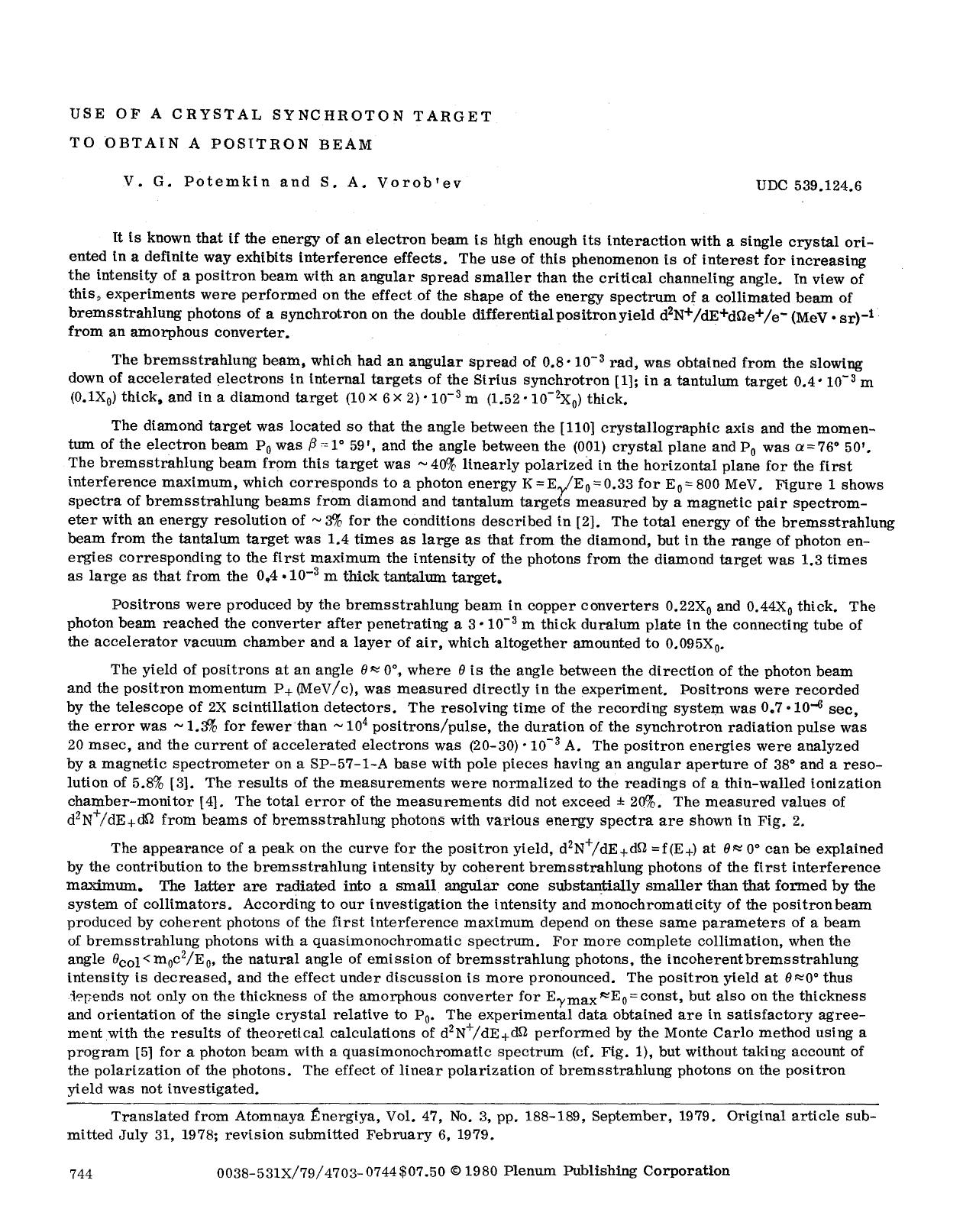 Use of a crystal synchroton target to obtain a positron beam by Unknown
