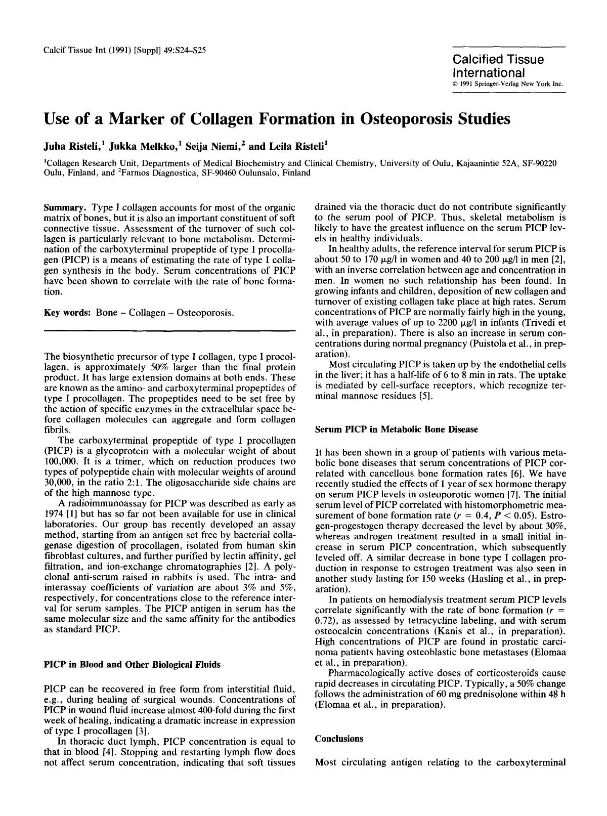 Use of a marker of collagen formation in osteoporosis studies by Unknown
