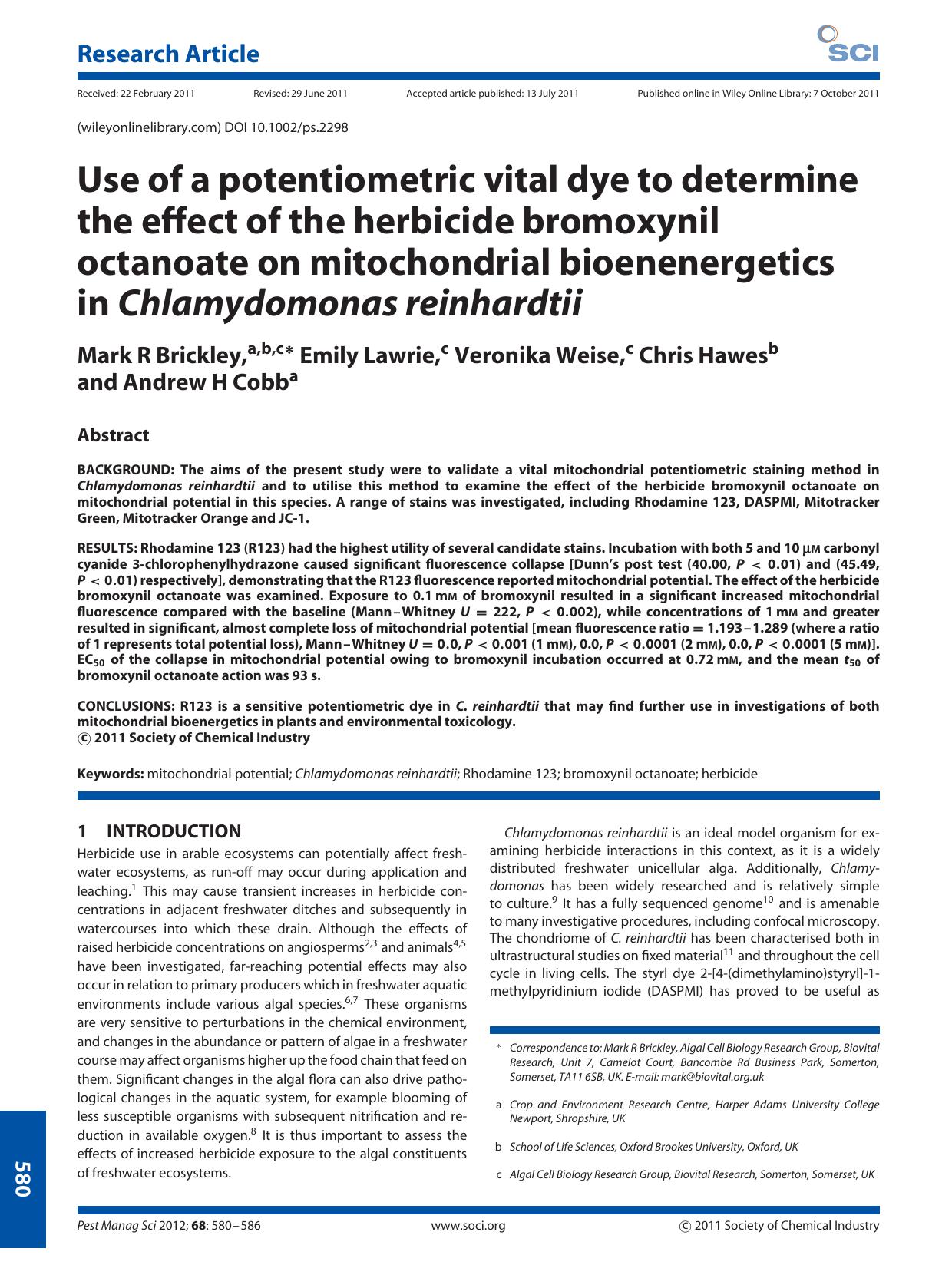 Use of a potentiometric vital dye to determine the effect of the herbicide bromoxynil octanoate on mitochondrial bioenenergetics in Chlamydomonas reinhardtii by Unknown