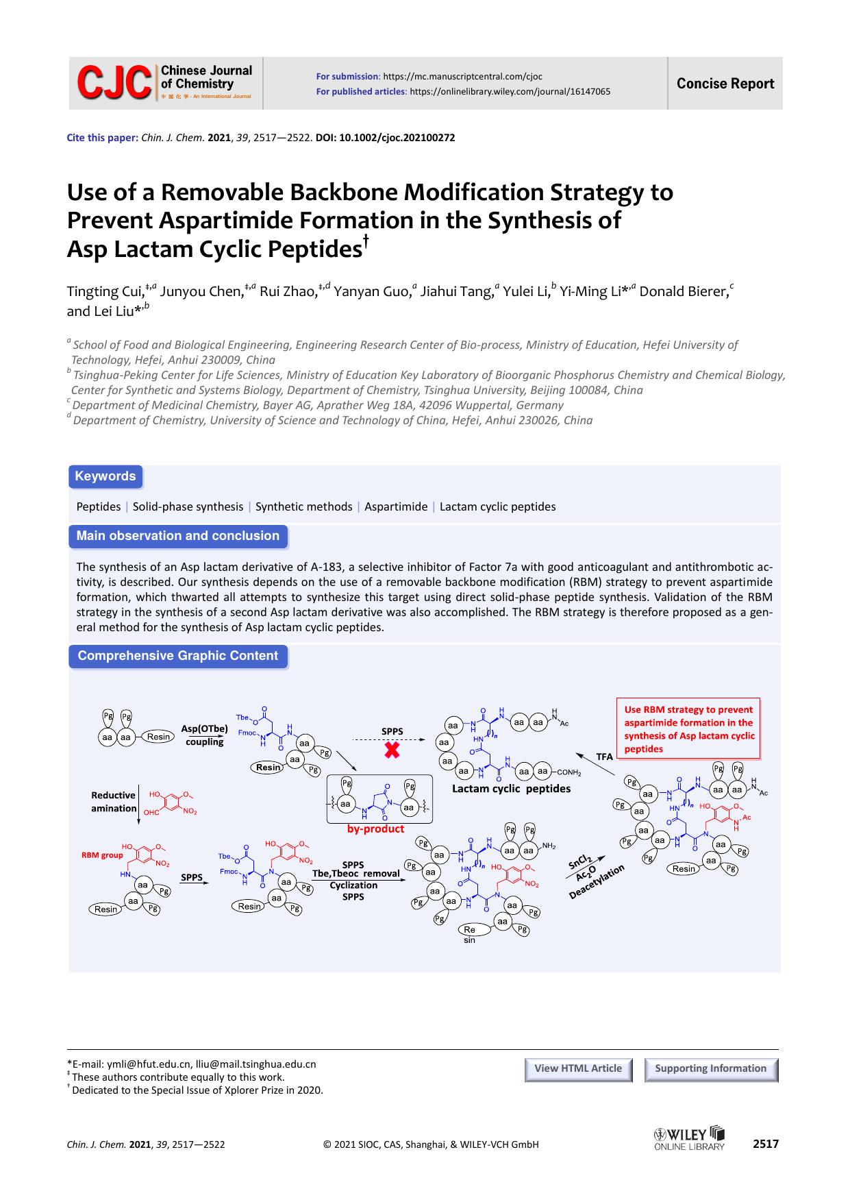 Use of a removable backbone modification strategy to prevent aspartimide formation in the synthesis of Asp lactam cyclic pep-tides by user
