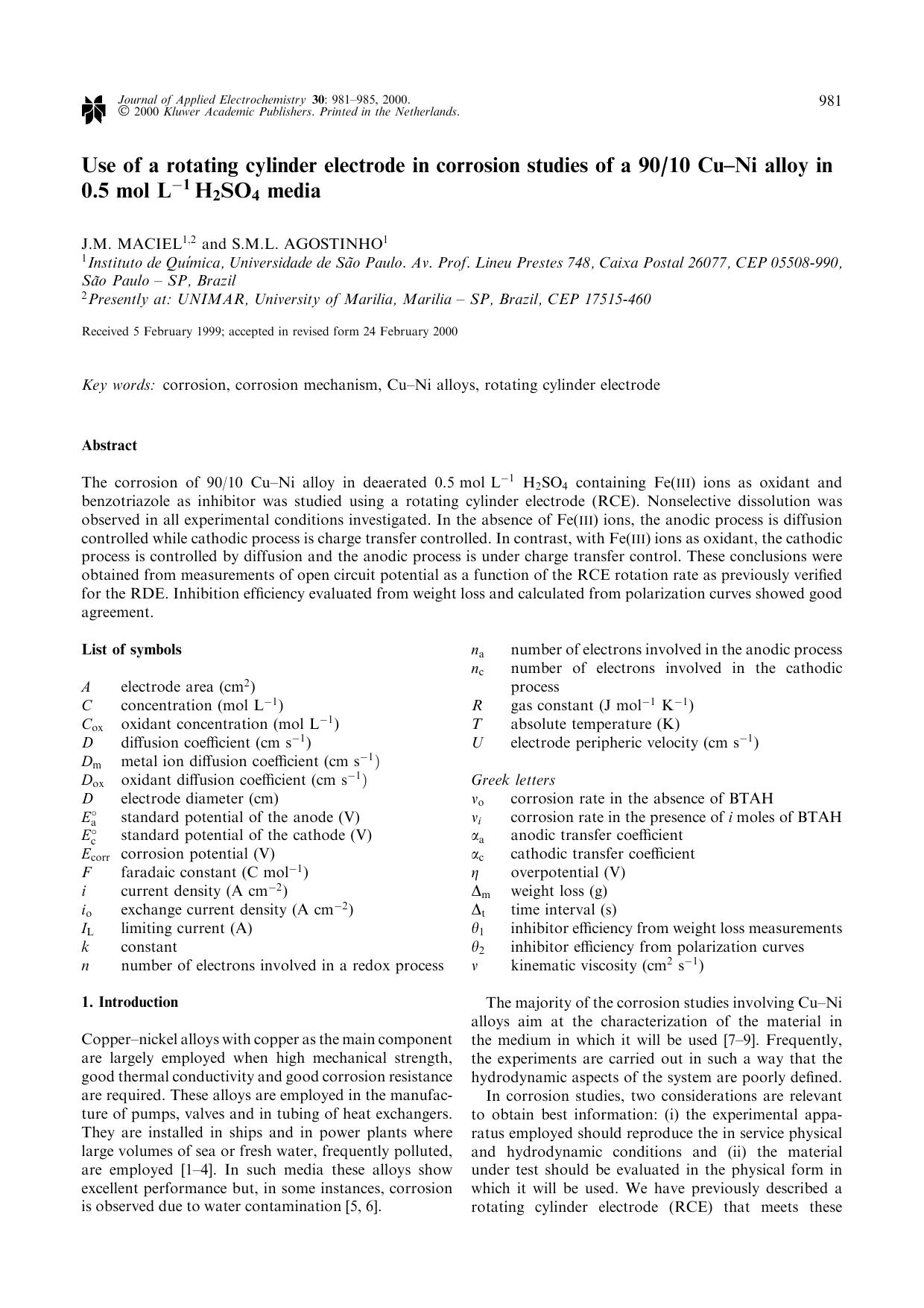 Use of a rotating cylinder electrode in corrosion studies of a 9010 Cu–Ni alloy in 0.5 mol L−1 H2SO4 media by Unknown