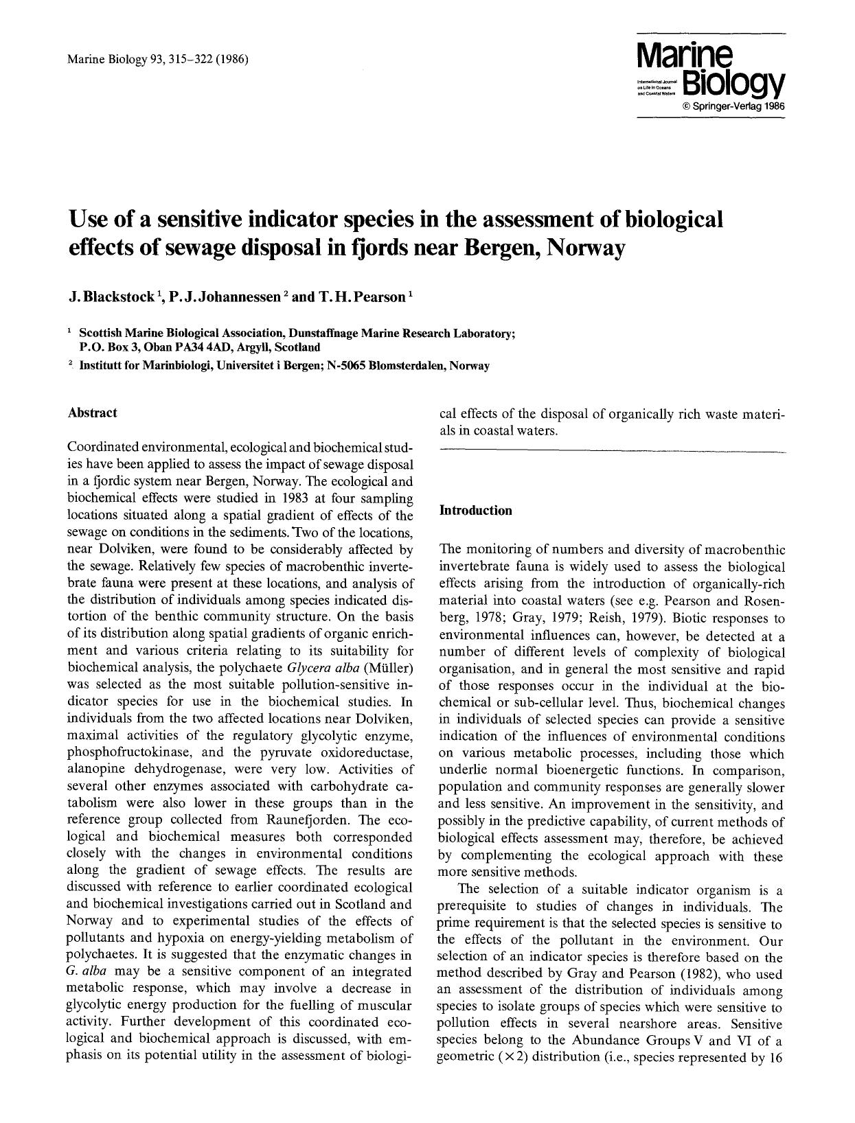 Use of a sensitive indicator species in the assessment of biological effects of sewage disposal in fjords near Bergen, Norway by Unknown