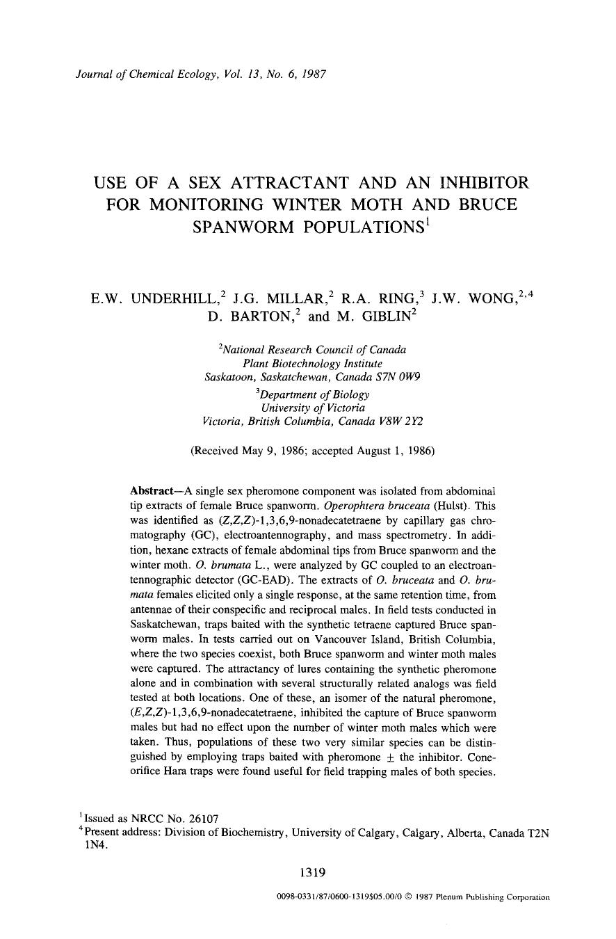Use of a sex attractant and an inhibitor for monitoring winter moth and bruce spanworm populations by Unknown