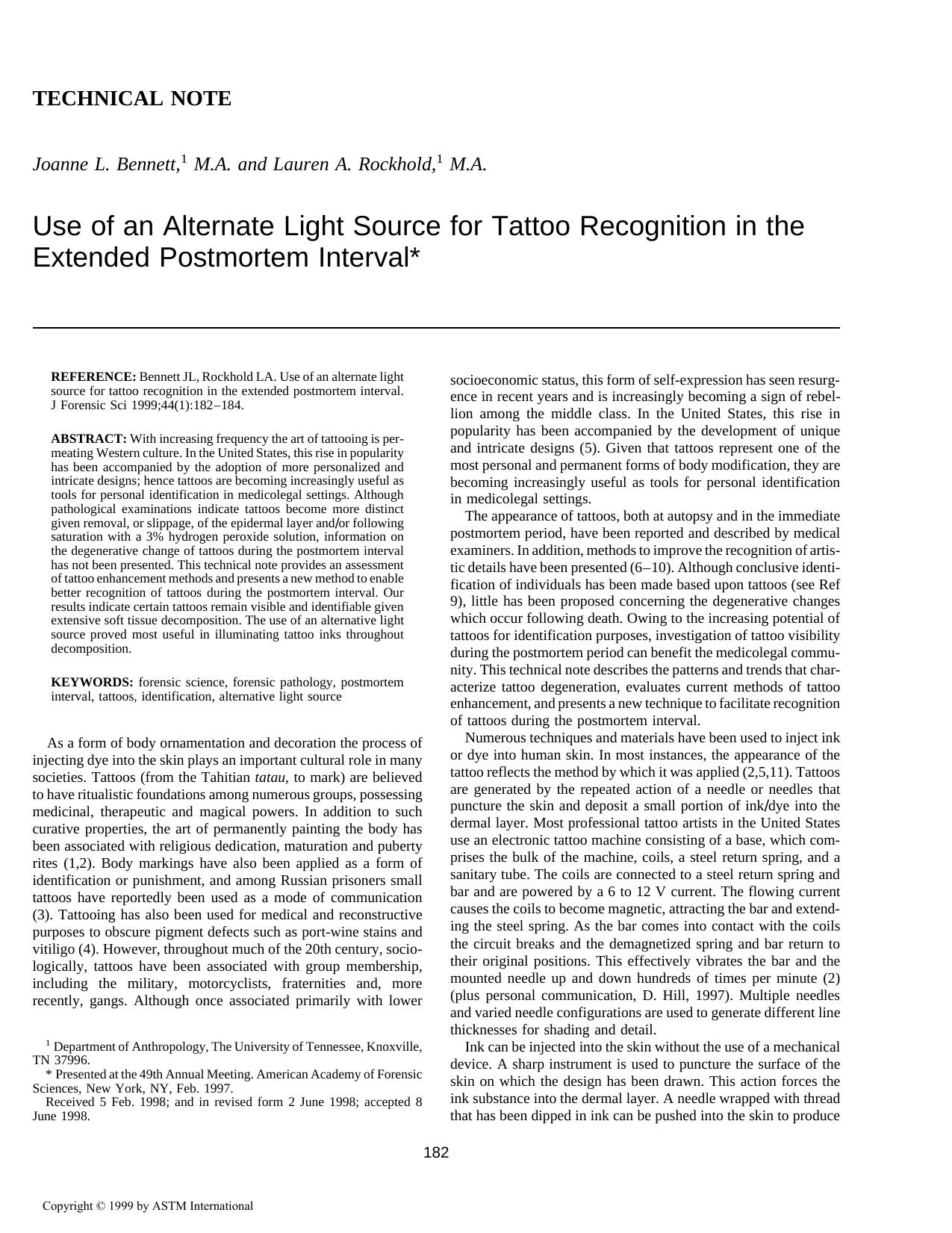 Use of alternate light source for tattoo recognition in the extended postmortem interval by Bennett JL Rockhold LA