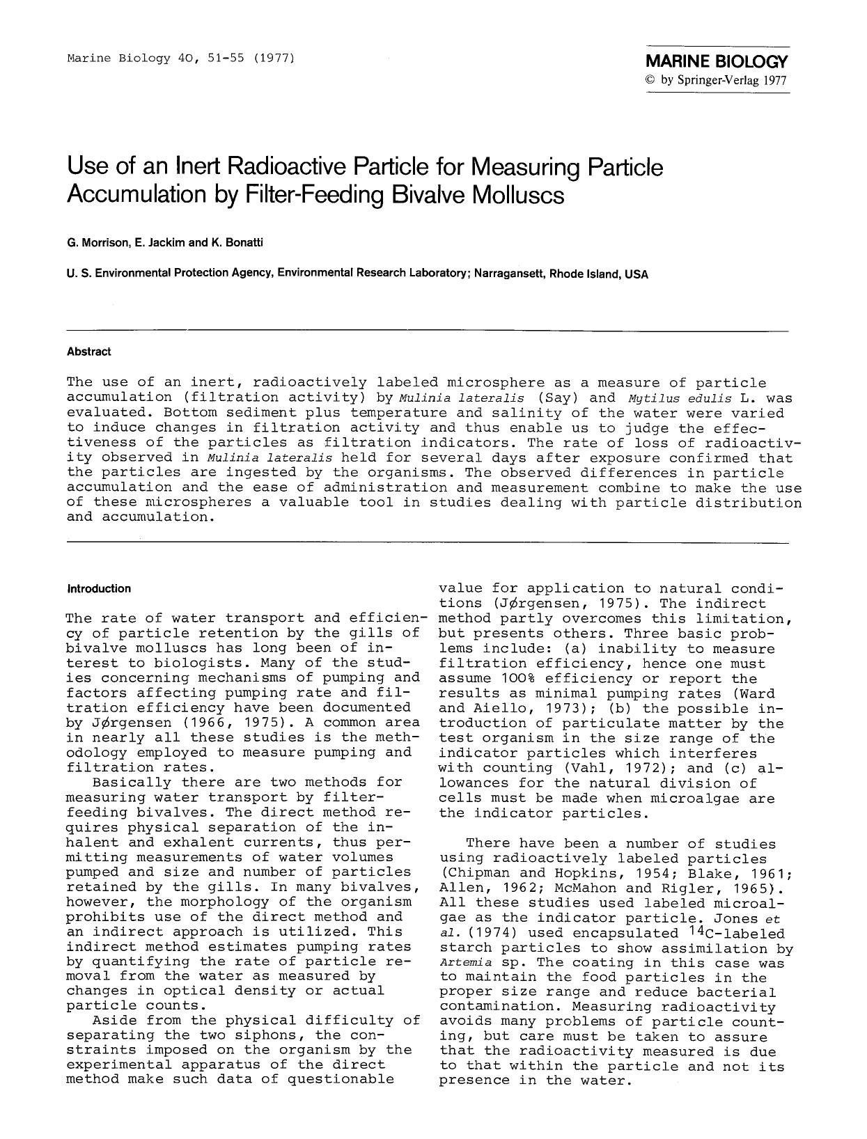 Use of an inert radioactive particle for measuring particle accumulation by filter-feeding bivalve molluscs by Unknown