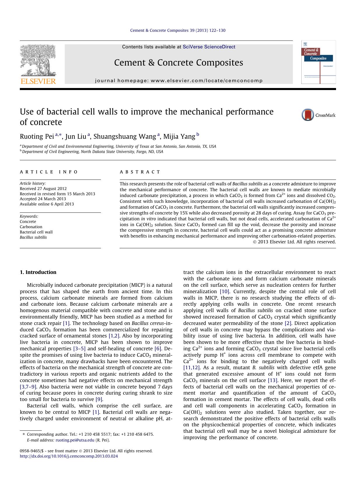 Use of bacterial cell walls to improve the mechanical performance of concrete by Ruoting Pei & Jun Liu & Shuangshuang Wang & Mijia Yang