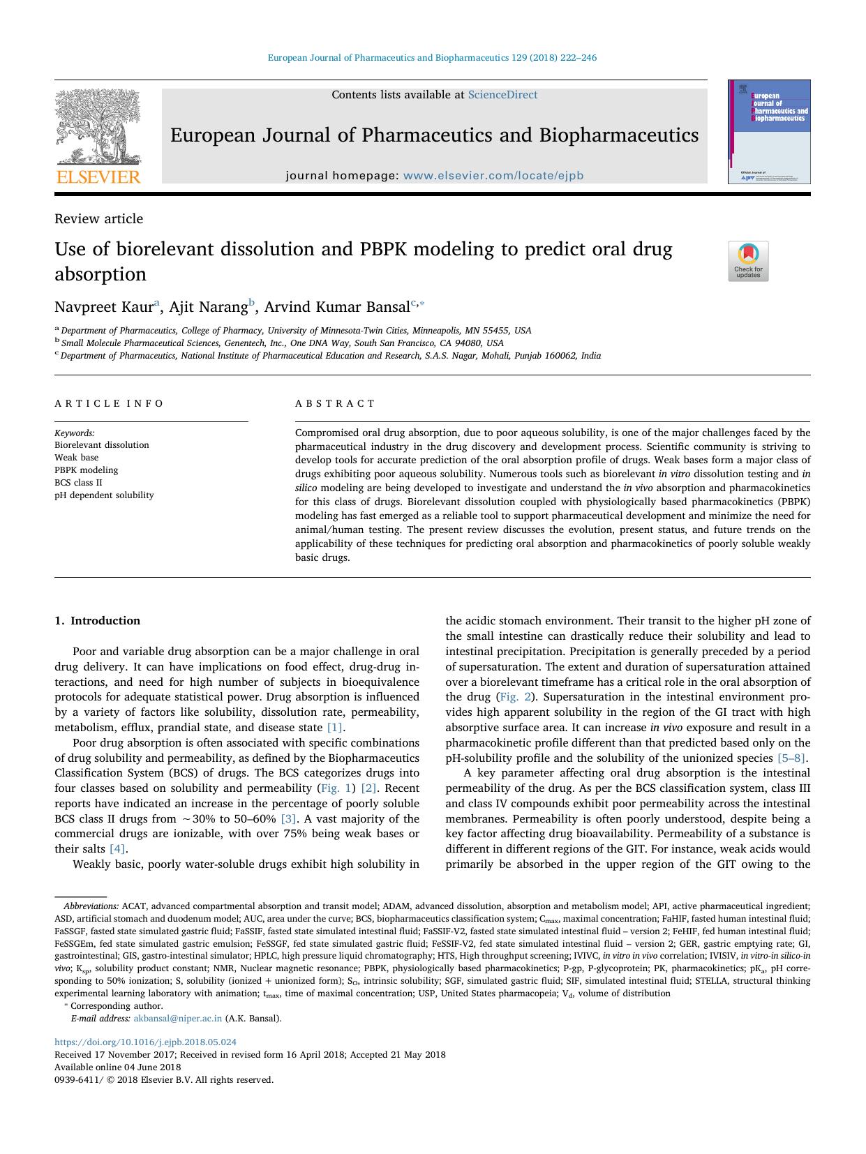 Use of biorelevant dissolution and PBPK modeling to predict oral drug absorption by Navpreet Kaur & Ajit Narang & Arvind Kumar Bansal