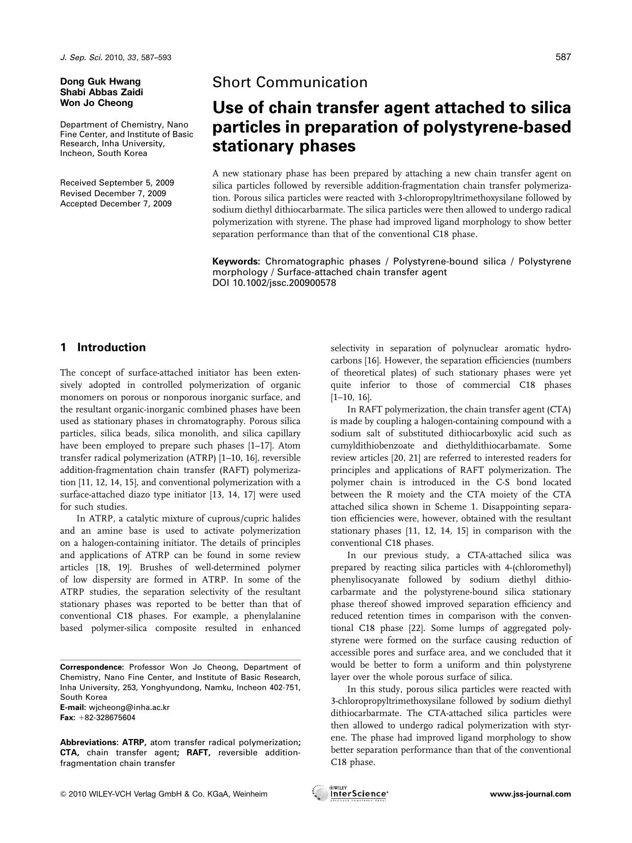 Use of chain transfer agent attached to silica particles in preparation of polystyrene?based stationary phases by Unknown