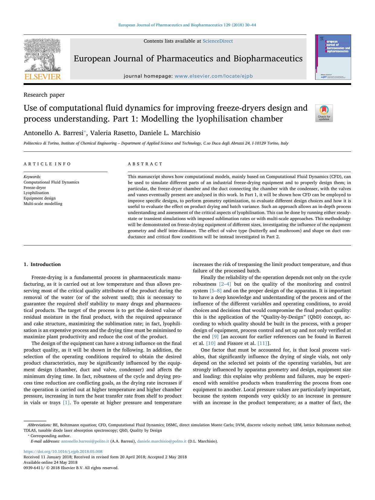 Use of computational fluid dynamics for improving freeze-dryers design and process understanding. Part 1_ Modelling the lyophilisation chamber by Antonello A. Barresi & Valeria Rasetto & Daniele L. Marchisio