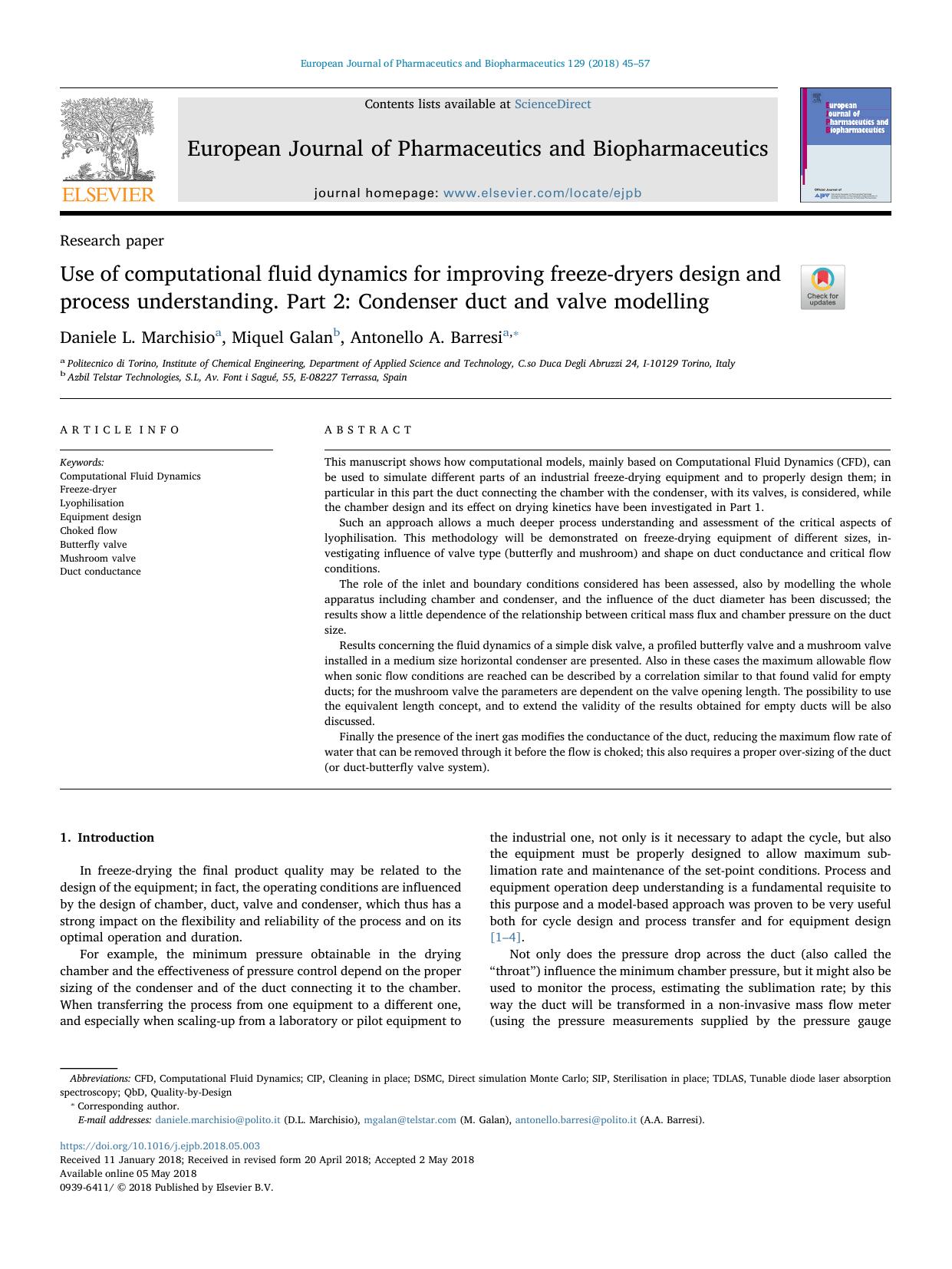 Use of computational fluid dynamics for improving freeze-dryers design and process understanding. Part 2_ Condenser duct and valve modelling by Daniele L. Marchisio & Miquel Galan & Antonello A. Barresi