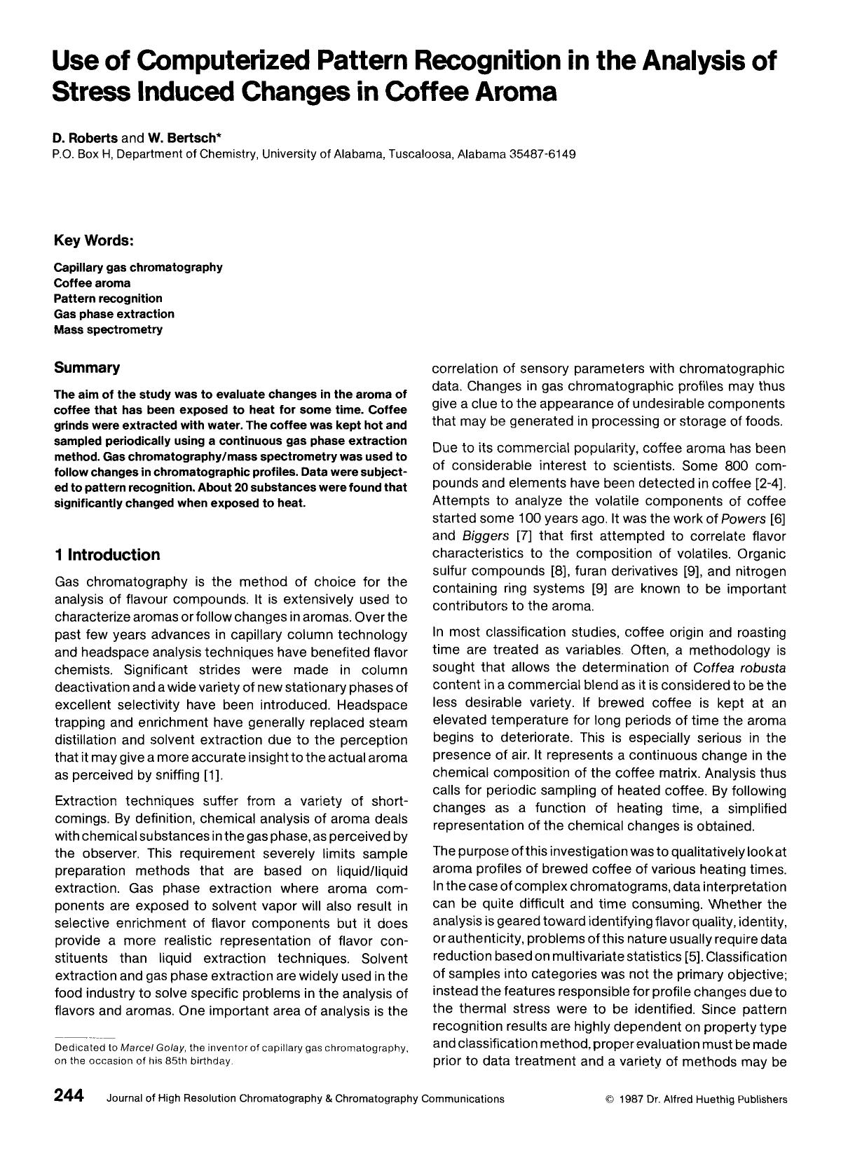 Use of computerized pattern recognition in the analysis of stress induced changes in coffee aroma by Unknown