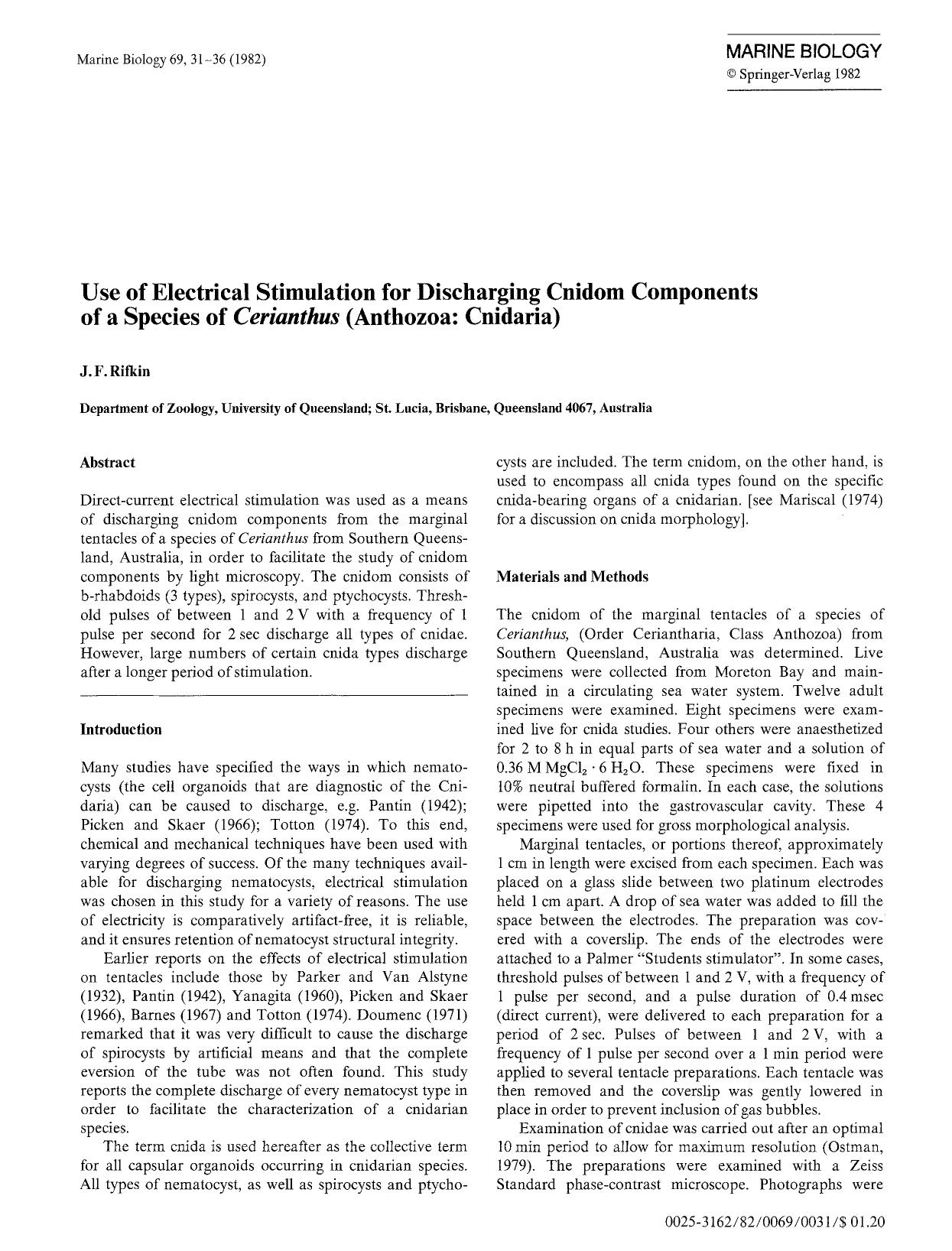 Use of electrical stimulation for discharging cnidom components of a species of <Emphasis Type="Italic">Cerianthus<Emphasis> (Anthozoa: Cnidaria) by Unknown