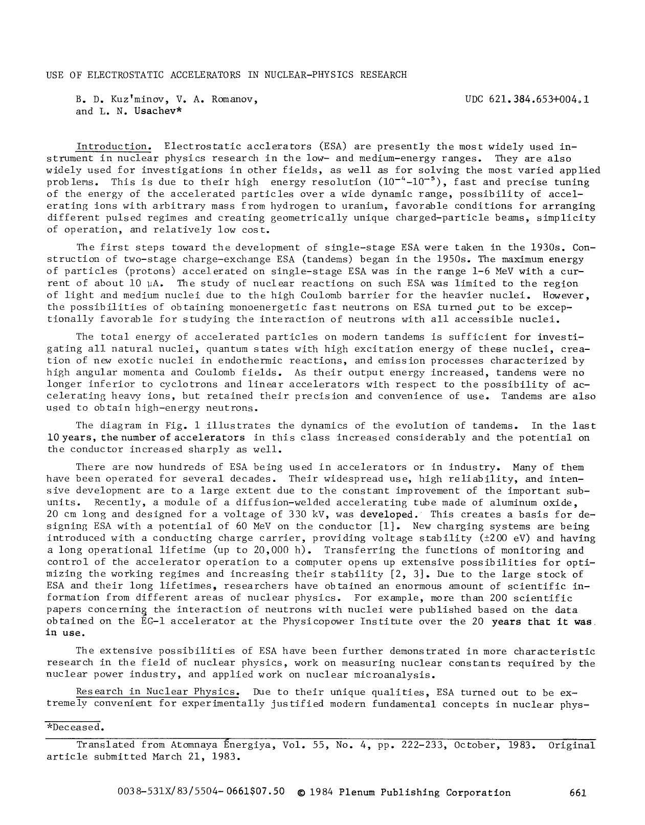 Use of electrostatic accelerators in nuclear-physics research by Unknown