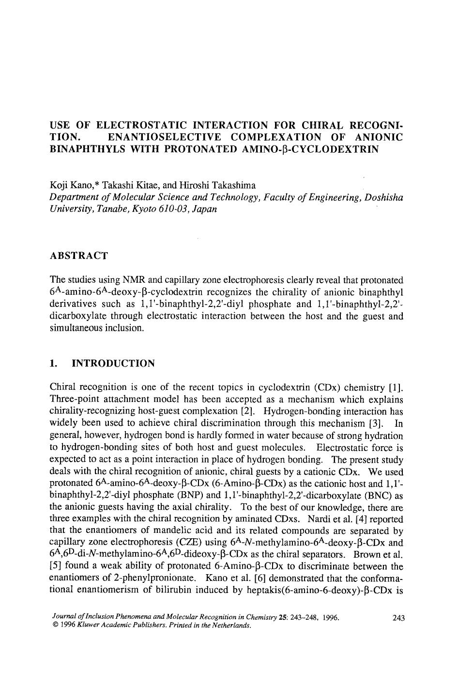 Use of electrostatic interaction for chiral recognition. Enantioselective complexation of anionic binaphthyls with protonated amino-&#x03B2;-cyclodextrin by Unknown