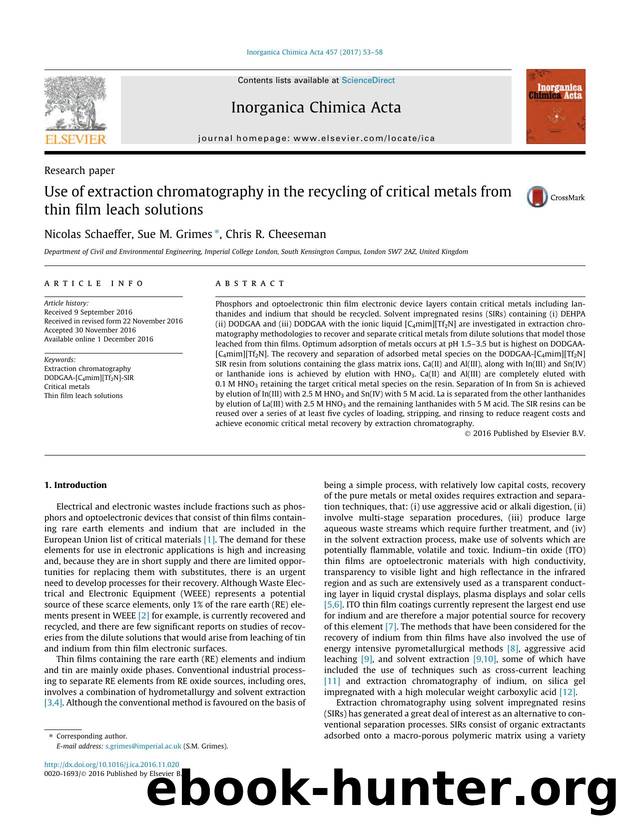 Use of extraction chromatography in the recycling of critical metals from thin film leach solutions by Nicolas Schaeffer & Sue M. Grimes & Chris R. Cheeseman