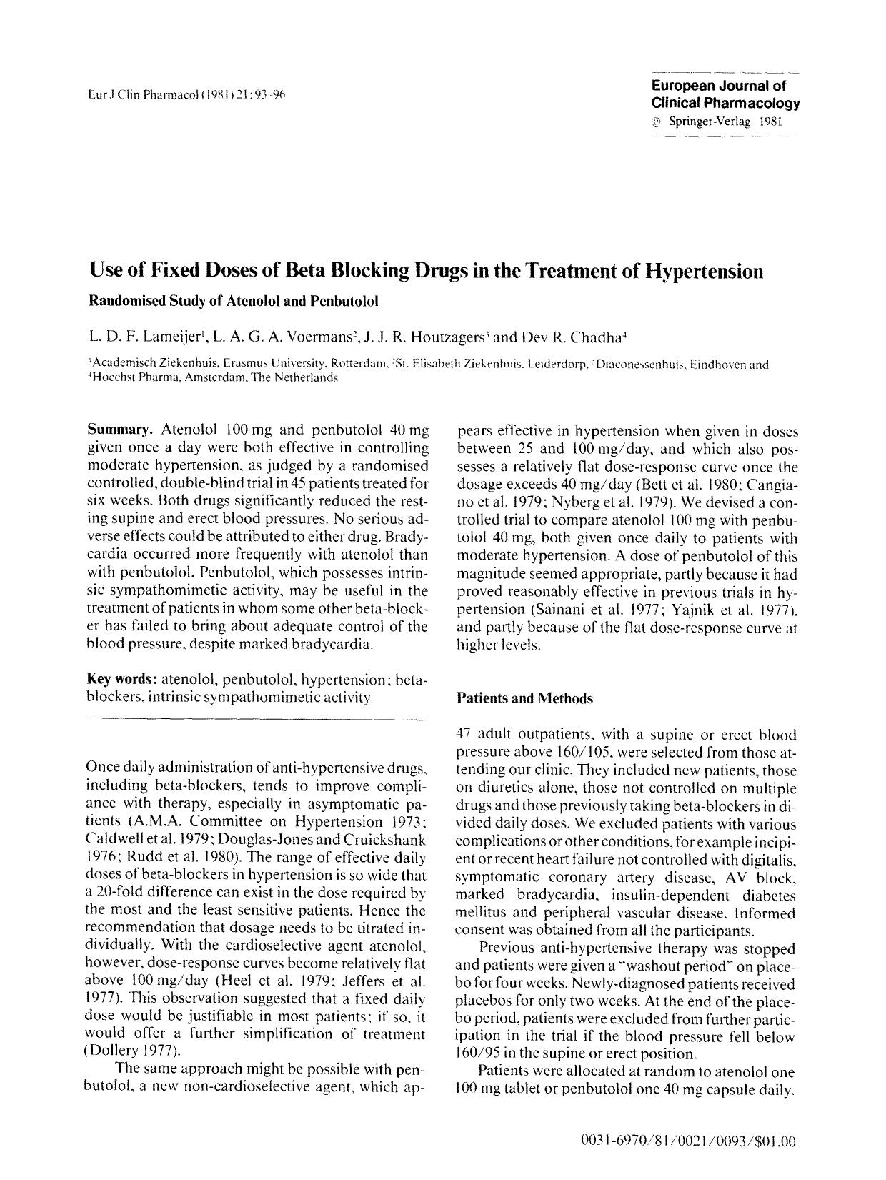 Use of fixed doses of beta blocking drugs in the treatment of hypertension by Unknown