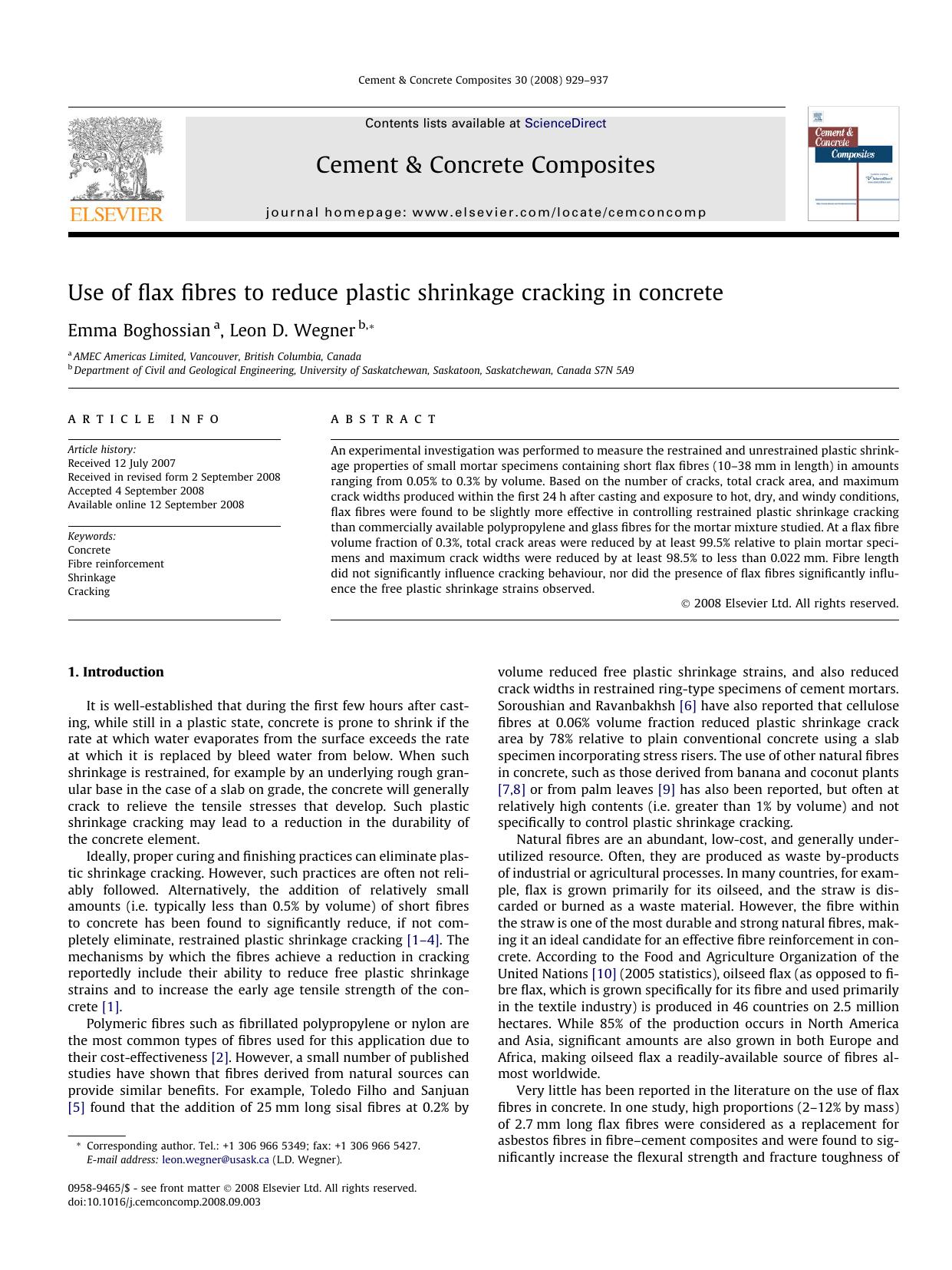 Use of flax fibres to reduce plastic shrinkage cracking in concrete by Emma Boghossian; Leon D. Wegner